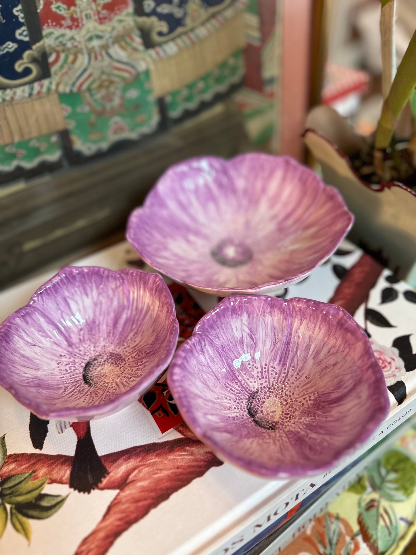 Set of three (3) Hand-painted Ceramic Italian Lavender Flower Bowls