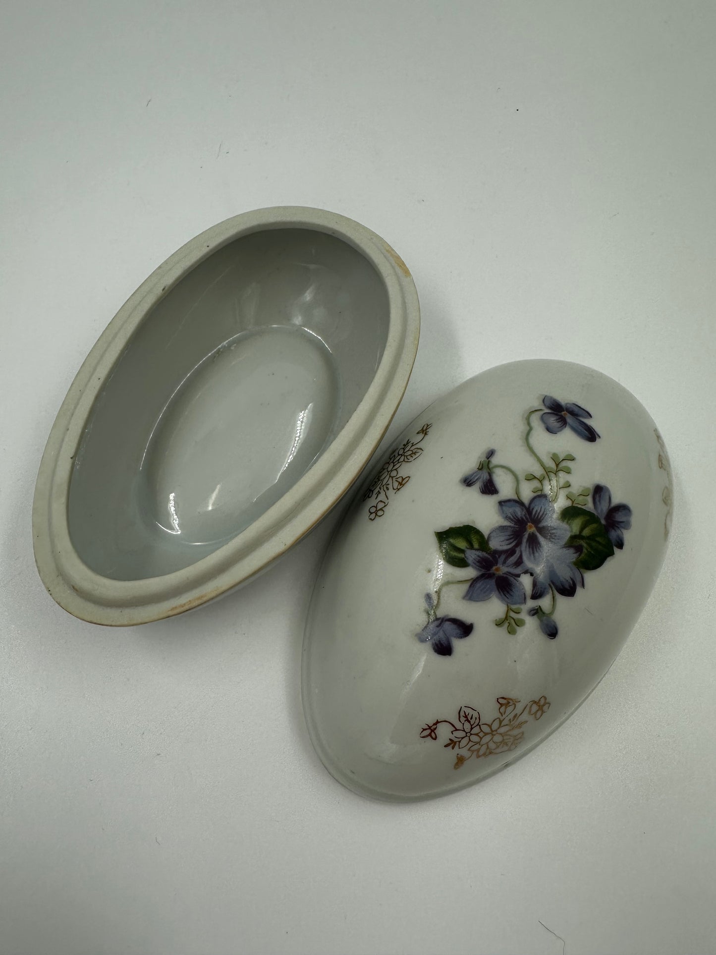 Vintage Porcelain Egg Trinket Box Hand Painted Violets and Gold Embellishment