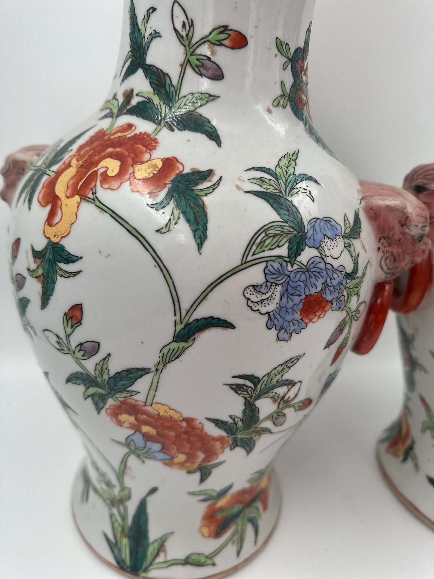 Large Pair of Chinoiserie Vases with Foo Dog Handles