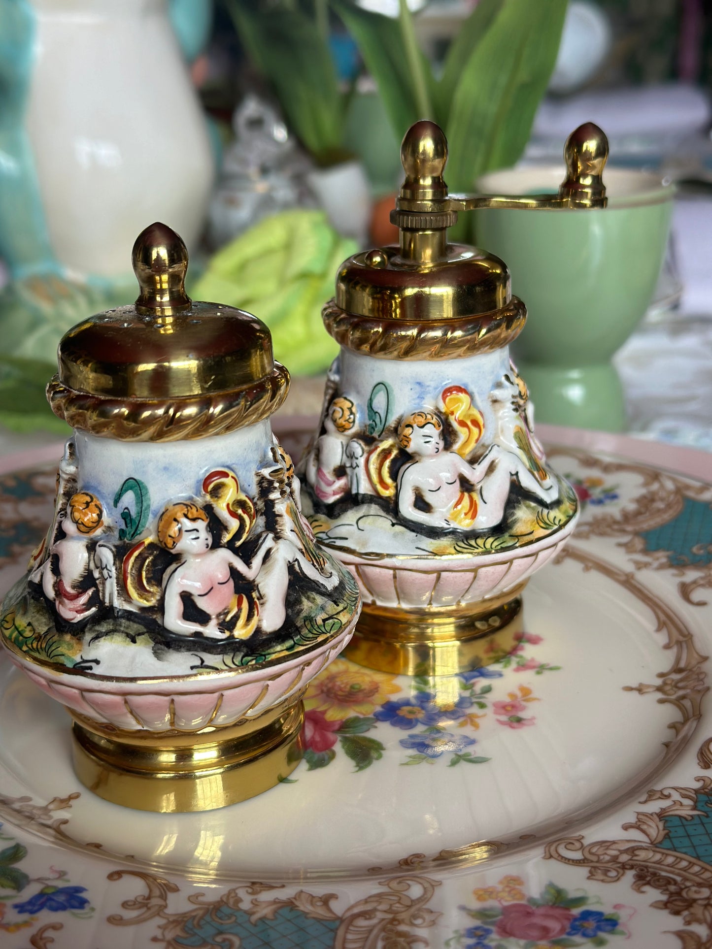 Vintage Compodimonte Made in Italy Salt Shaker & Pepper Grinder