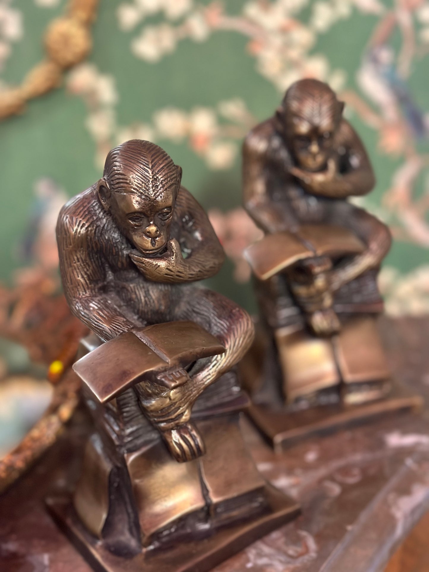 Vintage Brass Thinking Chimpanzee Bookends