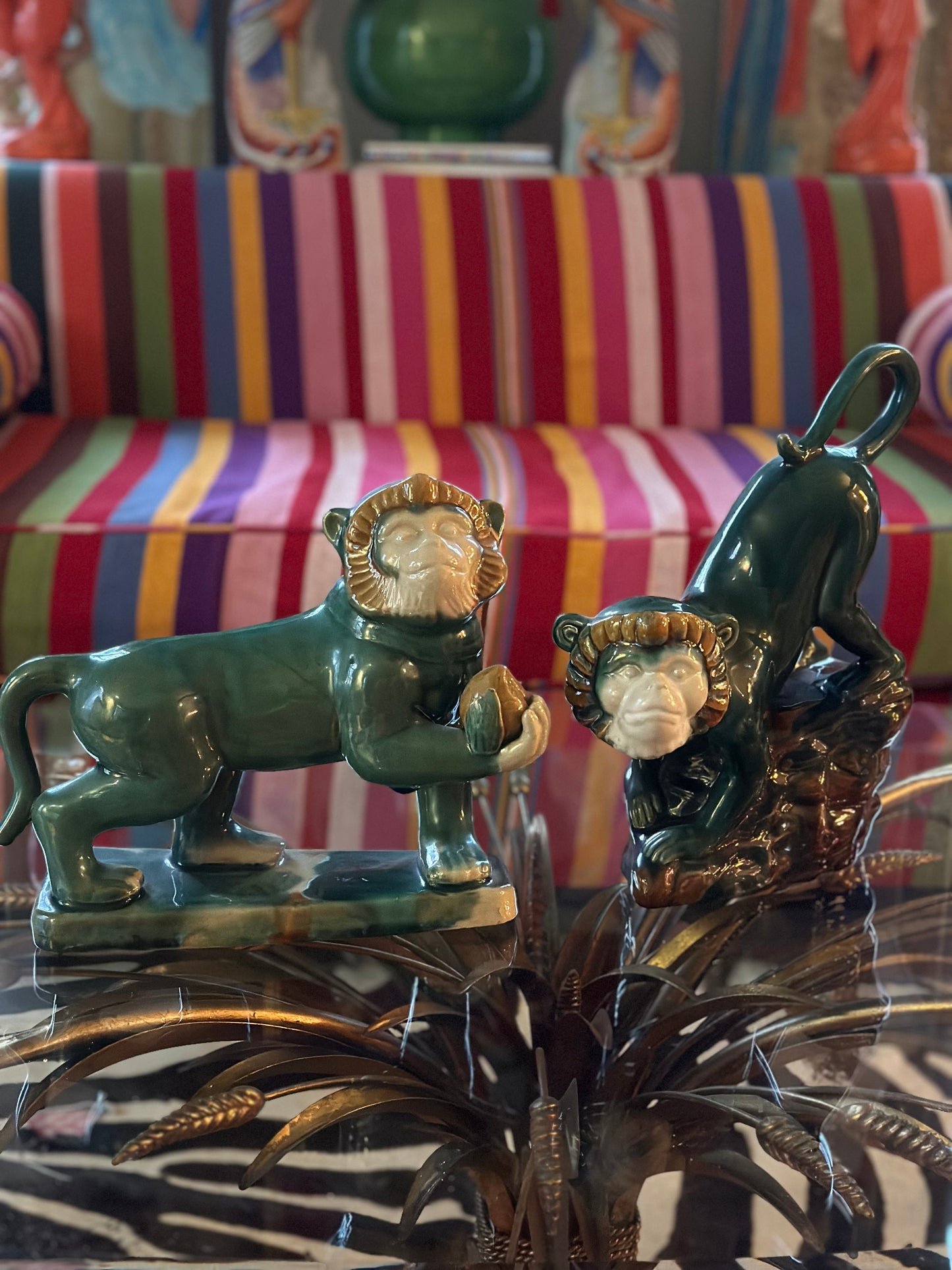 Vintage Midcentury Pair of Majolica Green Monkeys