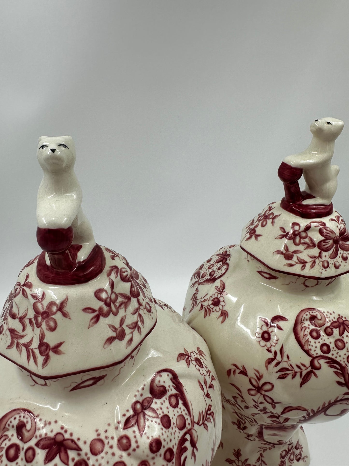 Pair of Jeanne Reed Meissen Style Ginger Jars with Puppy Finials