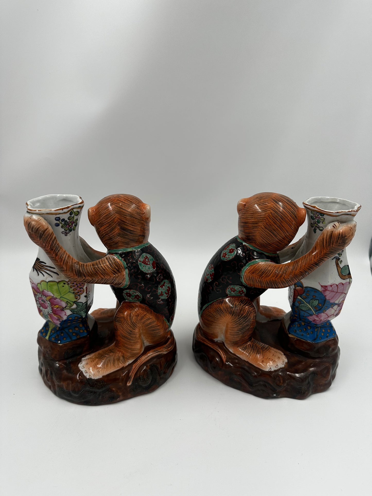 Pair Vintage Tobacco Leaf Monkey Vases