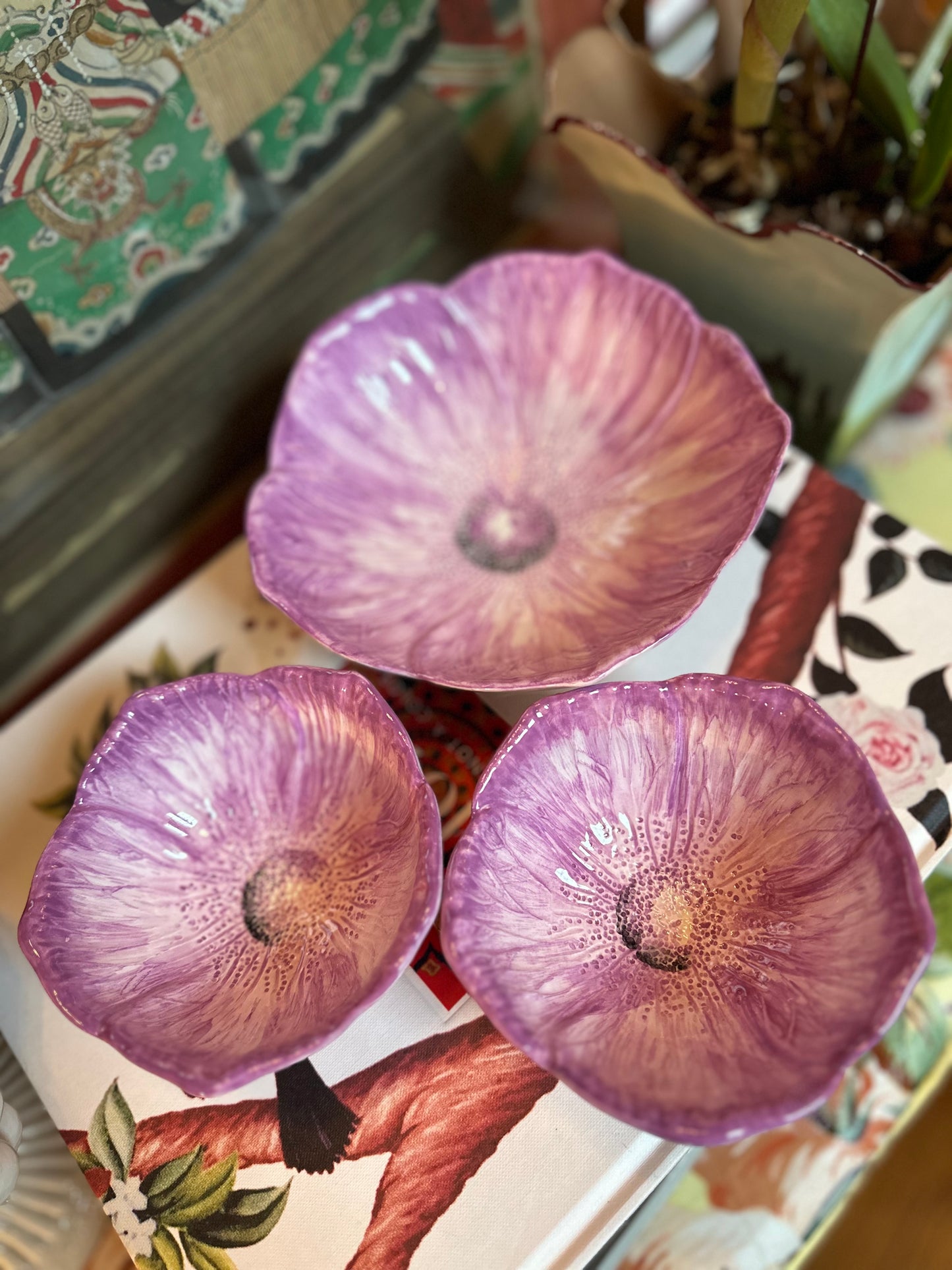 Set of three (3) Hand-painted Ceramic Italian Lavender Flower Bowls