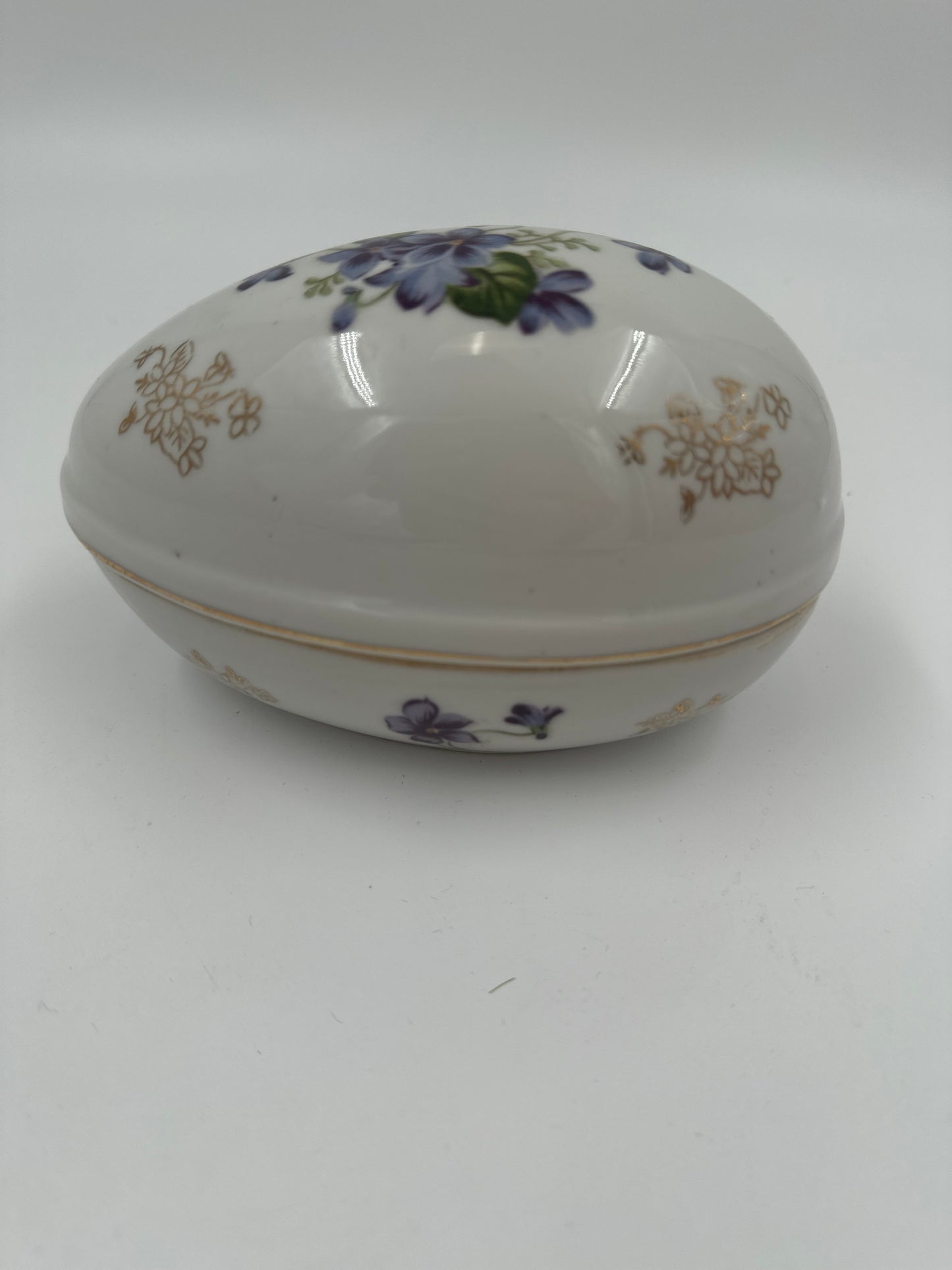 Vintage Porcelain Egg Trinket Box Hand Painted Violets and Gold Embellishment