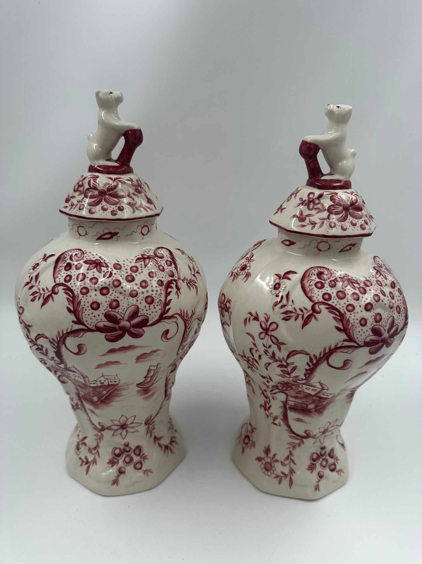 Pair of Jeanne Reed Meissen Style Ginger Jars with Puppy Finials