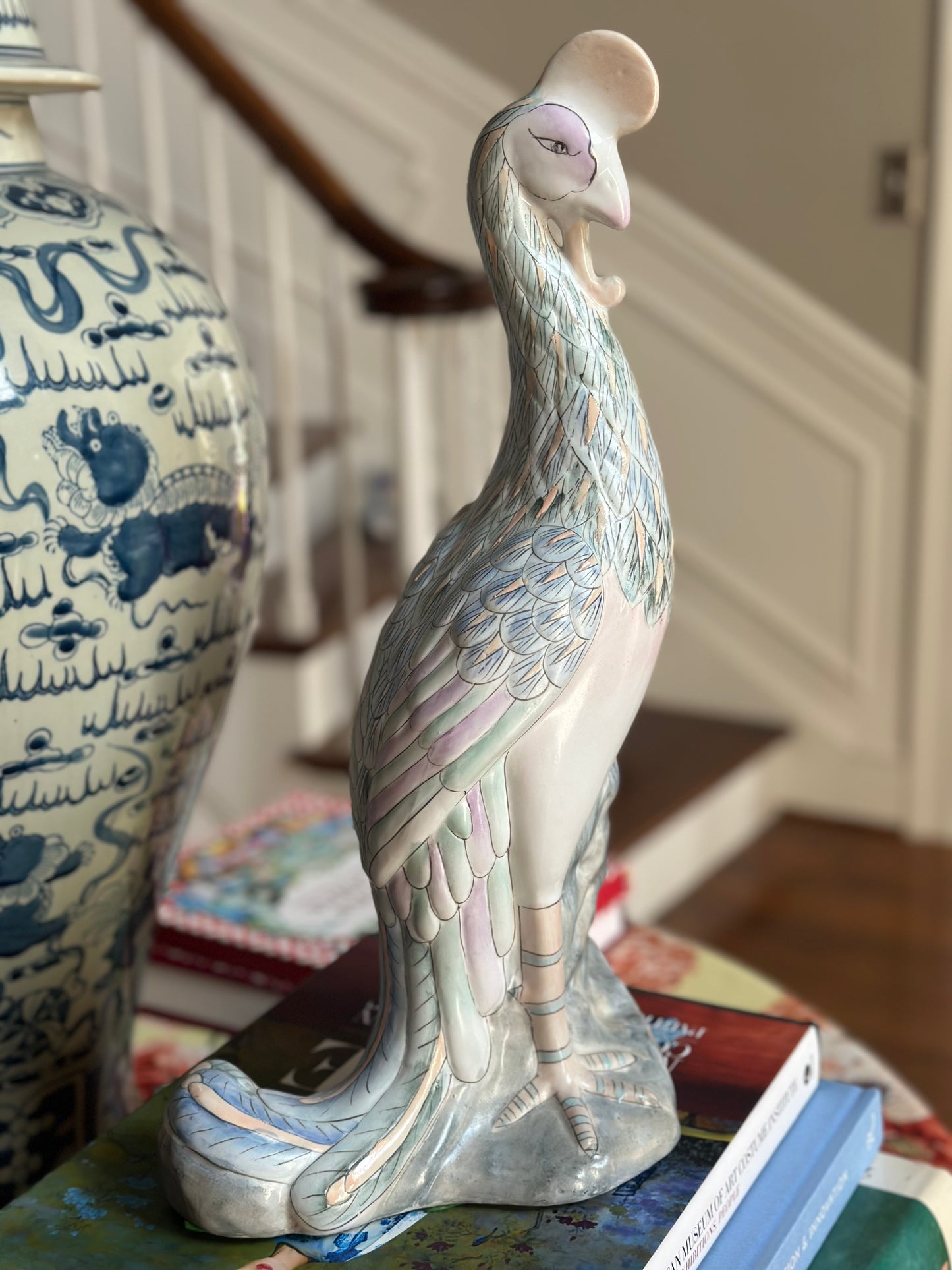 Large Vintage Chinoiserie PeacockStatue Rose Famille