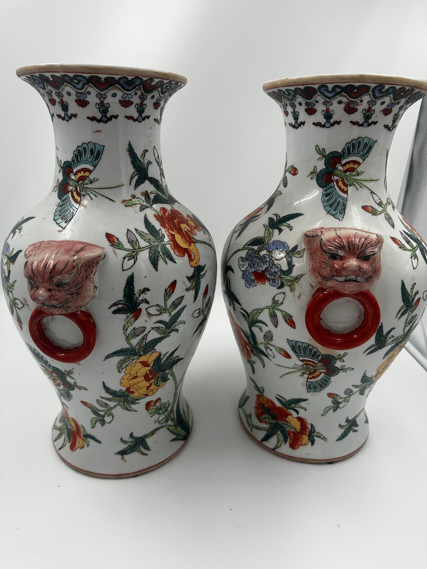 Large Pair of Chinoiserie Vases with Foo Dog Handles