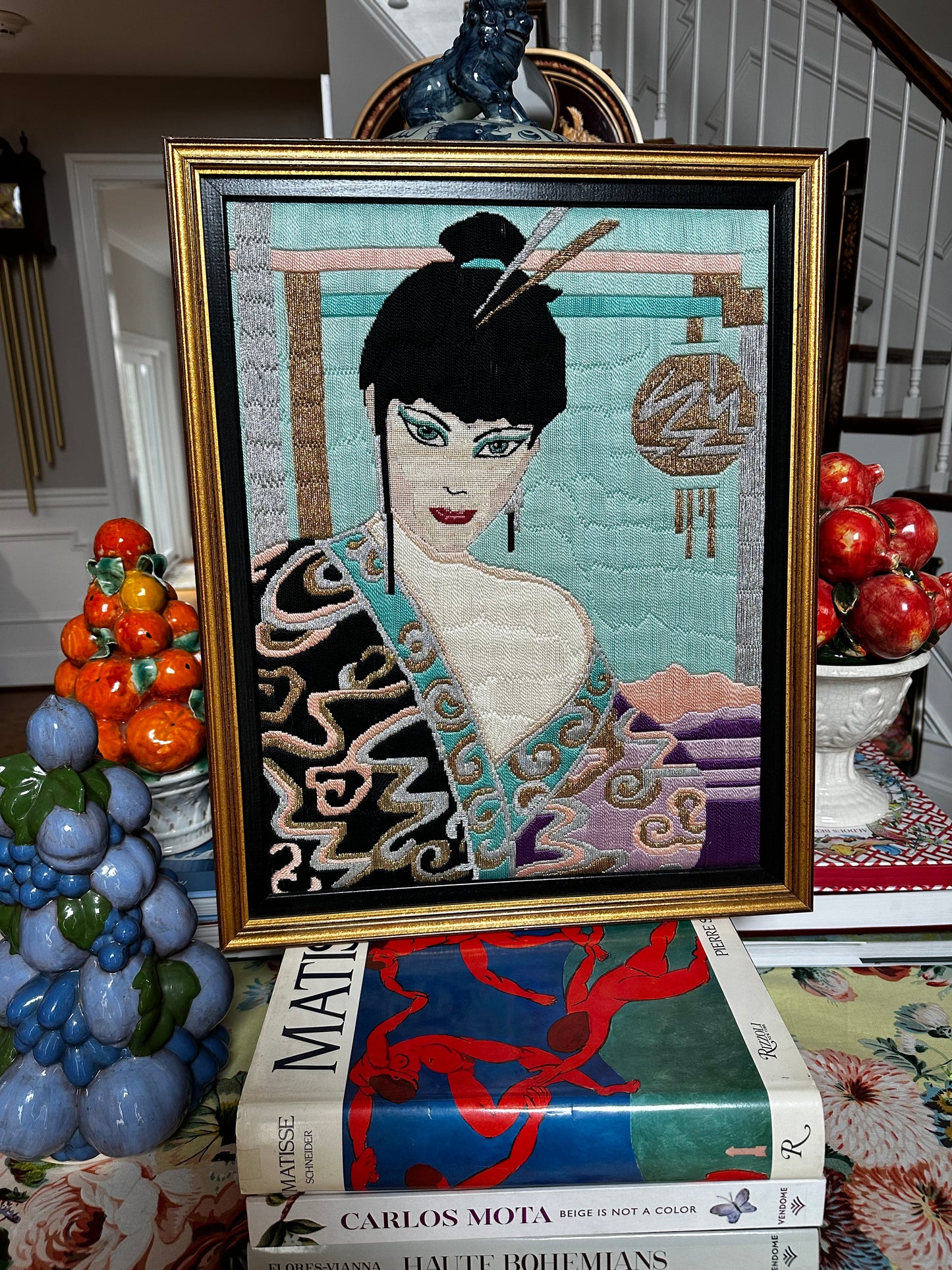 Rare: Vintage Patrick Nagel Style Woven Textile Needlepoint Geisha