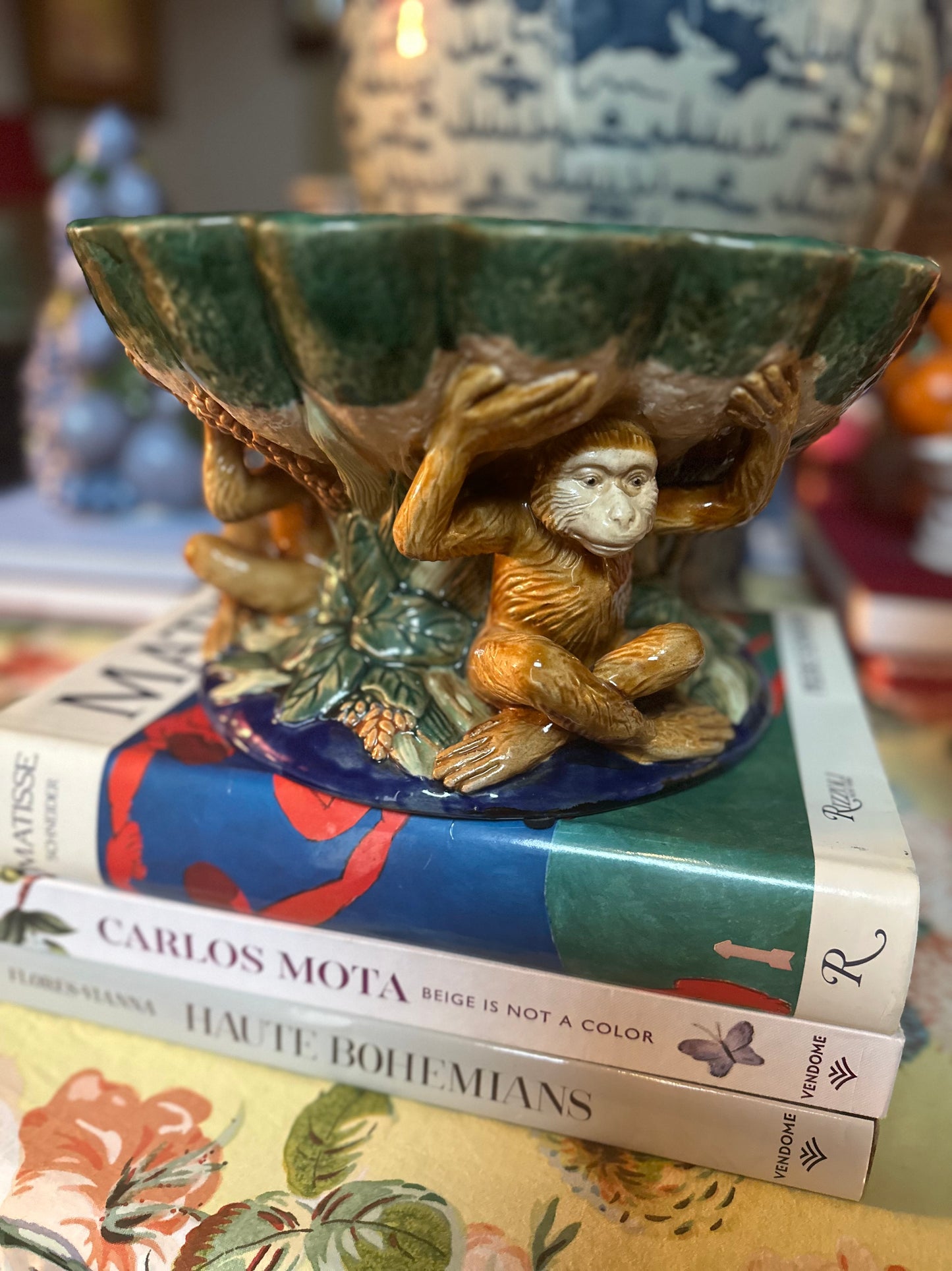 Large Monkey Majolica Compote