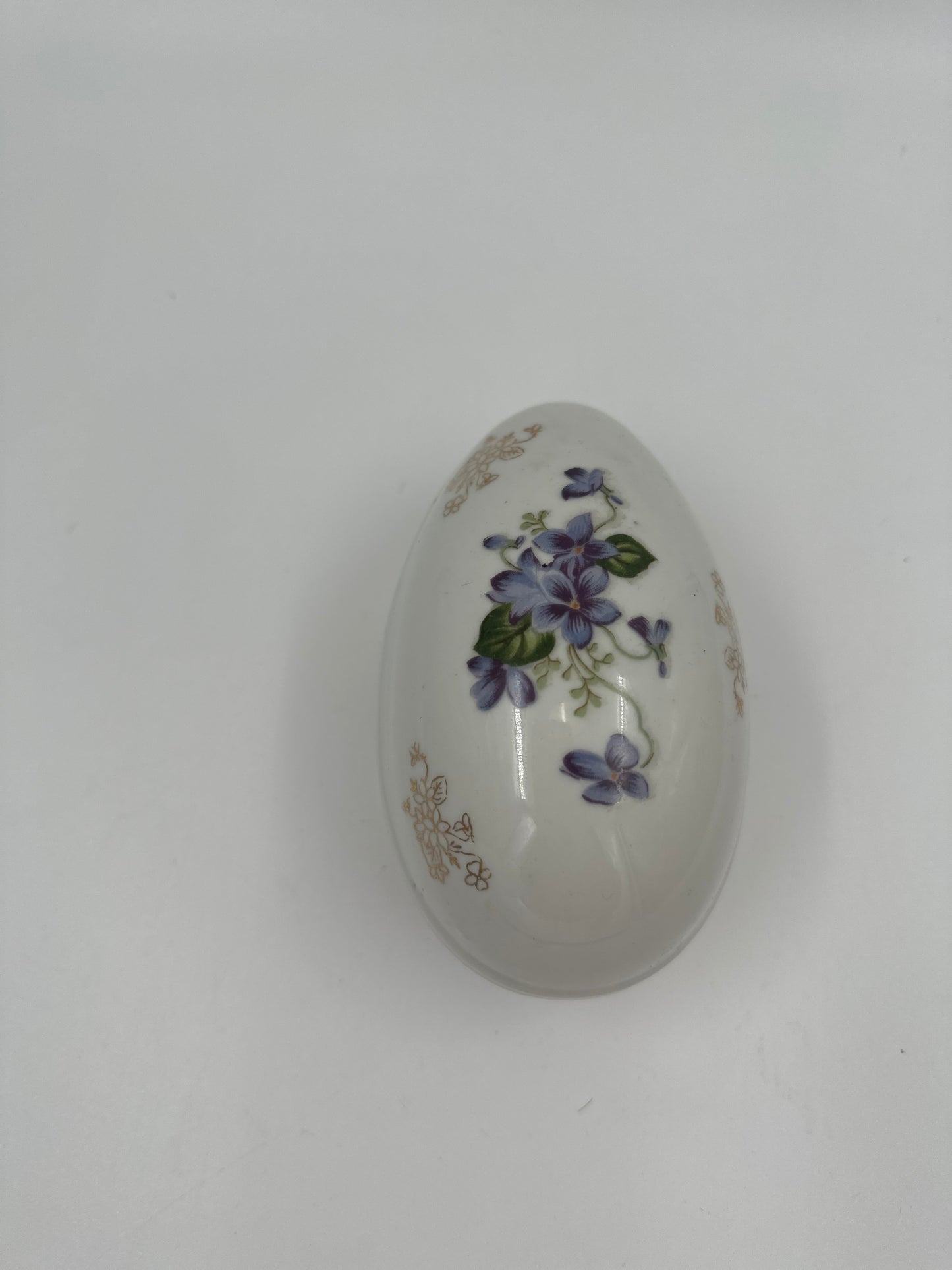 Vintage Porcelain Egg Trinket Box Hand Painted Violets and Gold Embellishment