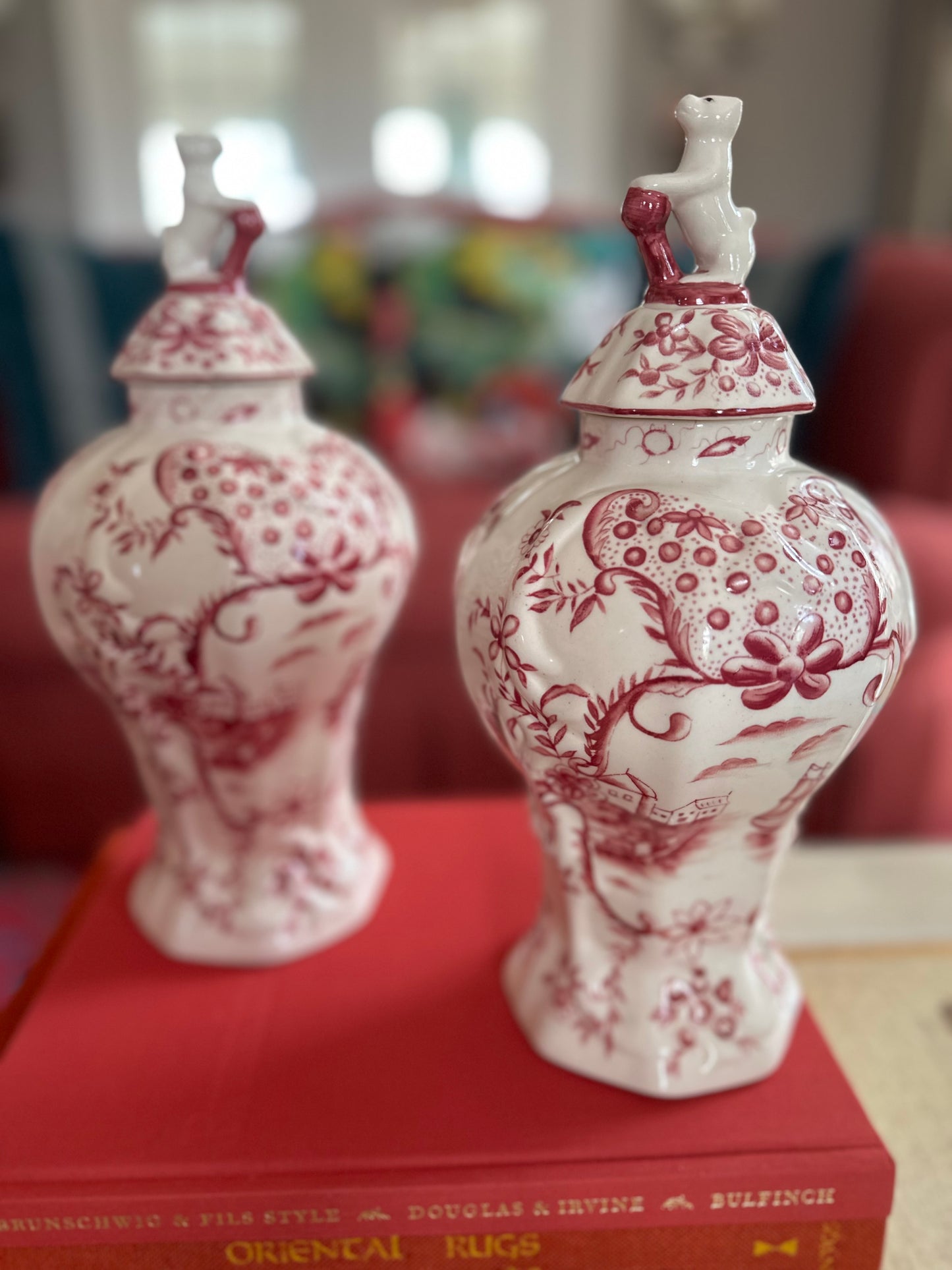 Pair of Jeanne Reed Meissen Style Ginger Jars with Puppy Finials