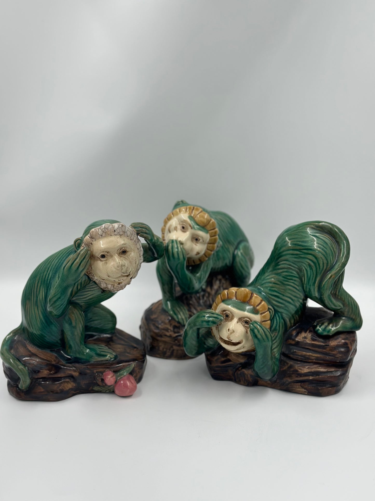 Vintage Set of Three (3) Majolica Monkeys: Hear, Speak, See No Evil