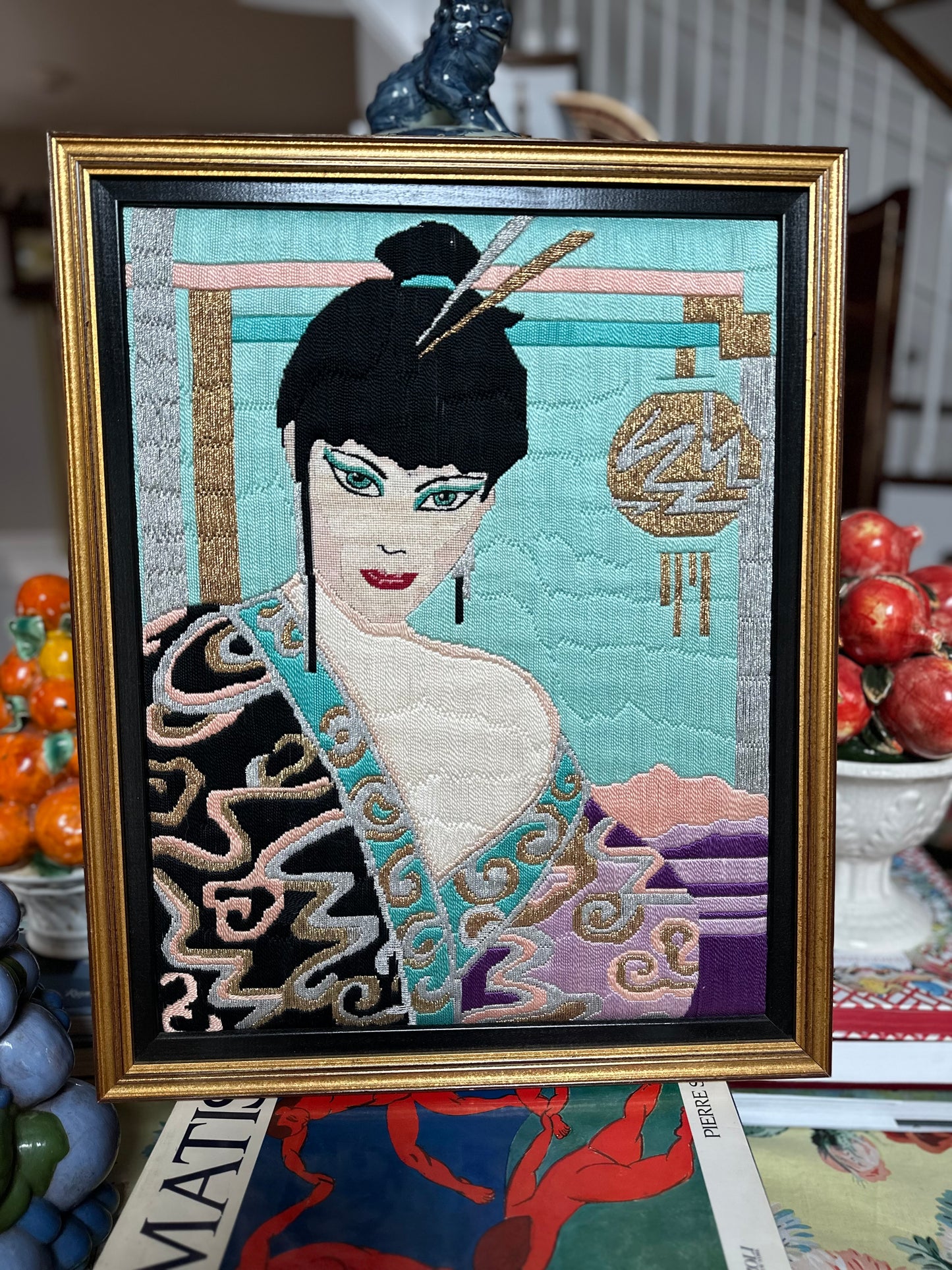 Rare: Vintage Patrick Nagel Style Woven Textile Needlepoint Geisha