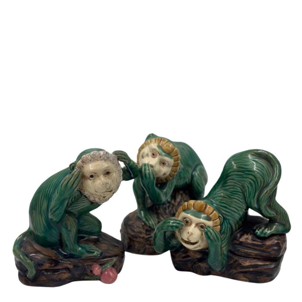 Vintage Set of Three (3) Majolica Monkeys: Hear, Speak, See No Evil