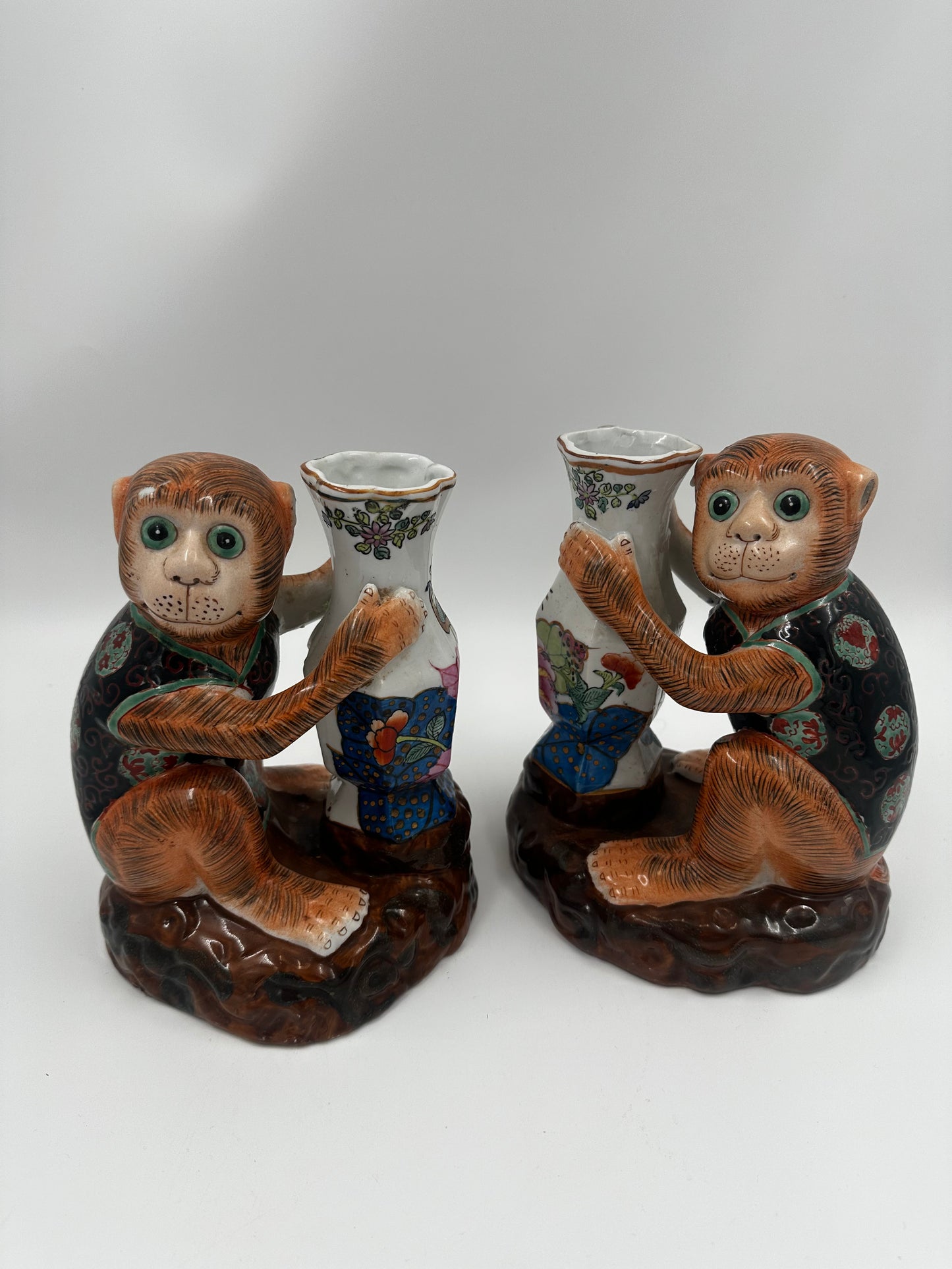 Pair Vintage Tobacco Leaf Monkey Vases