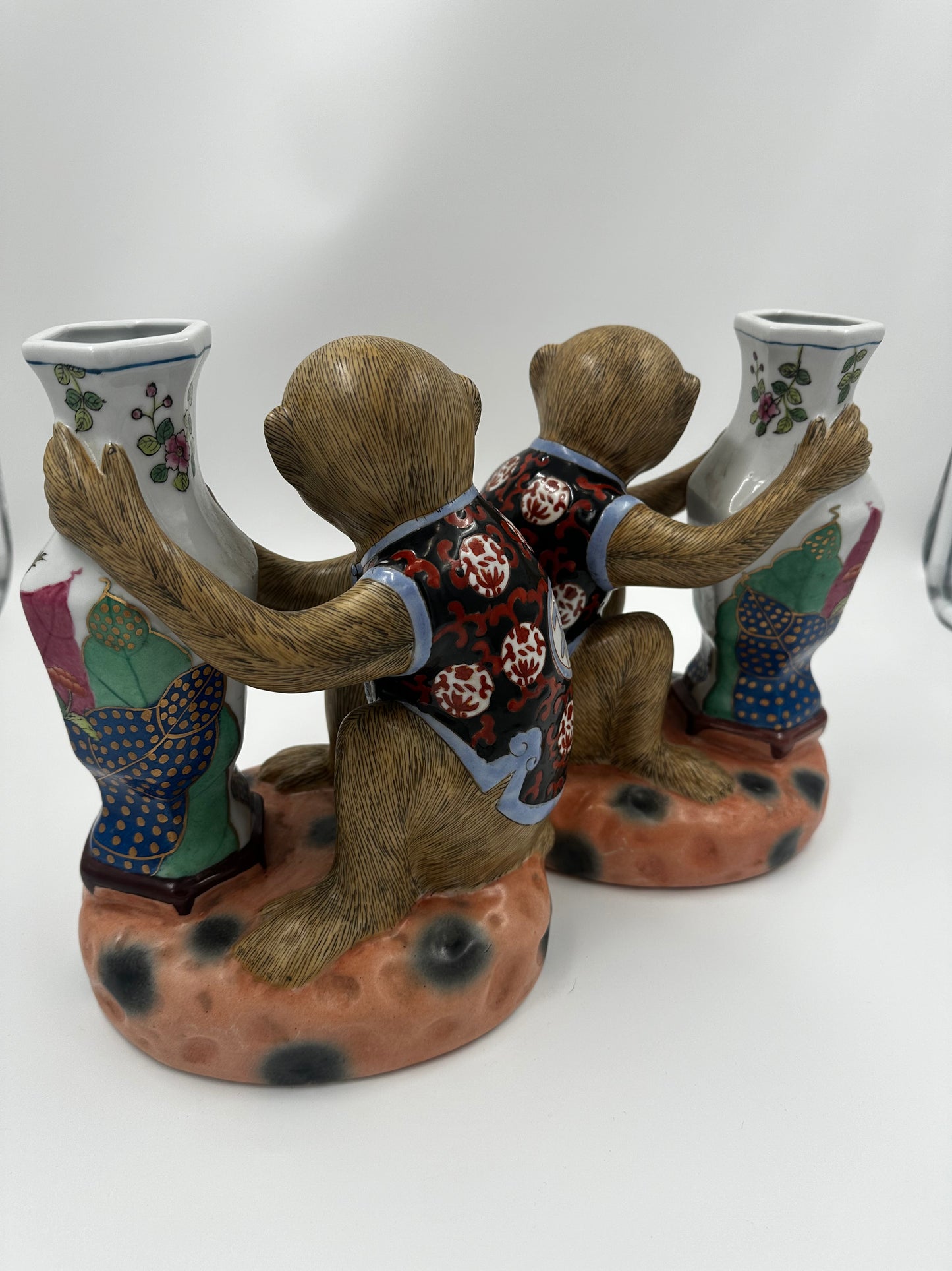 Pair: Vintage Tobacco Leaf Monkey Vases