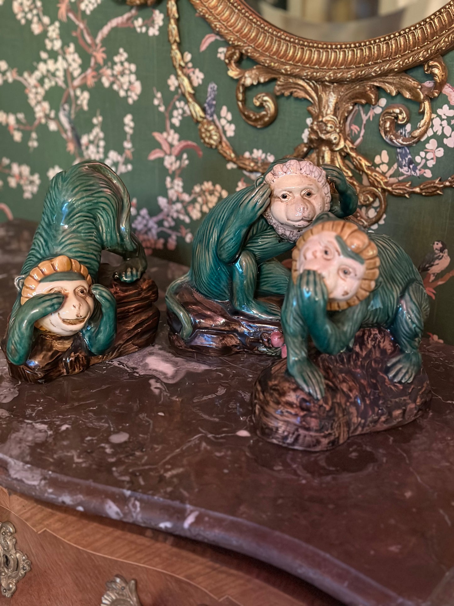 Vintage Set of Three (3) Majolica Monkeys: Hear, Speak, See No Evil