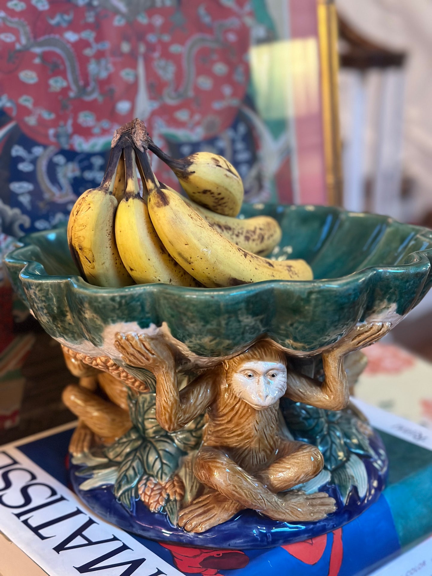 Large Monkey Majolica Compote