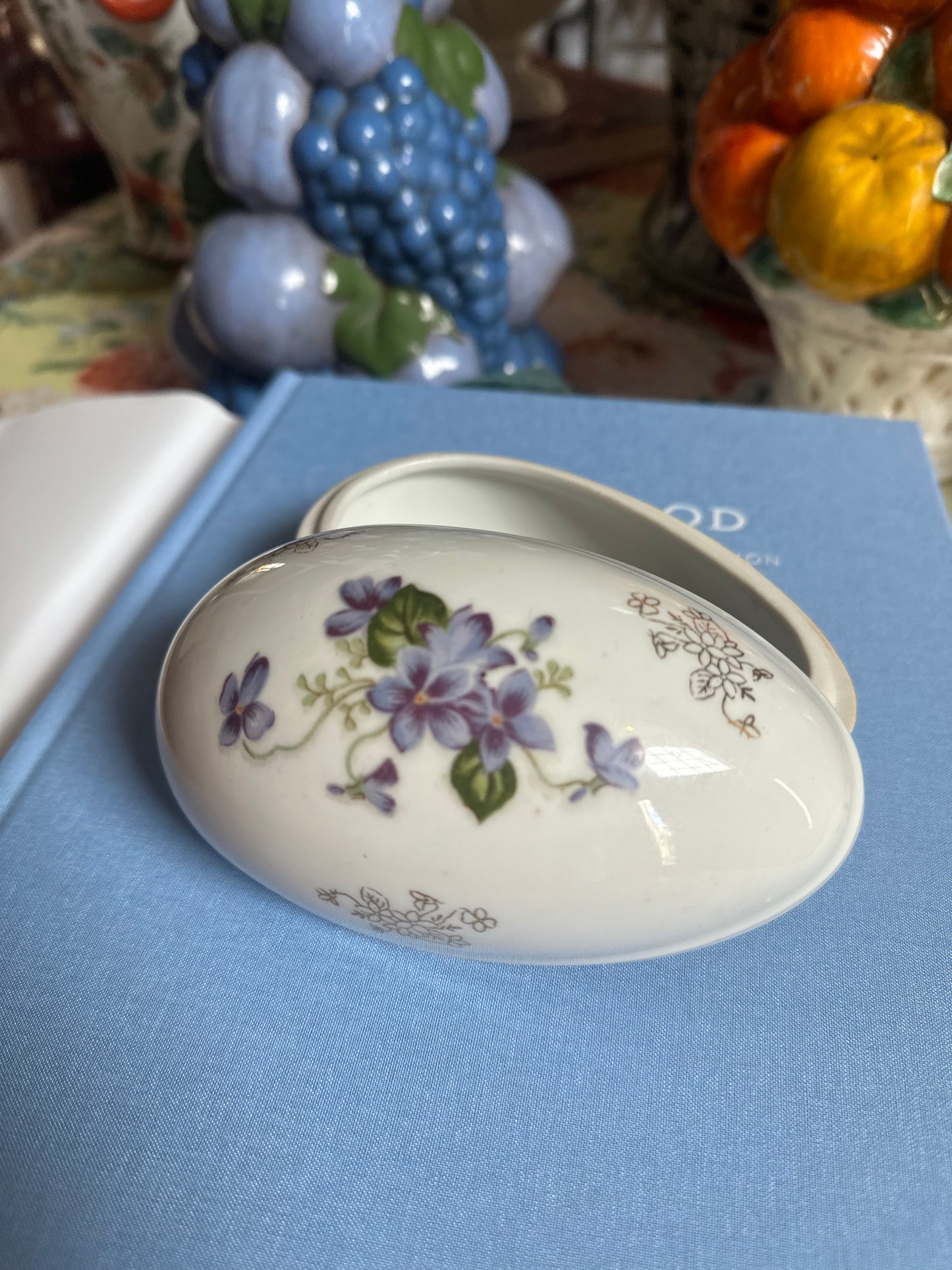 Vintage Porcelain Egg Trinket Box Hand Painted Violets and Gold Embellishment