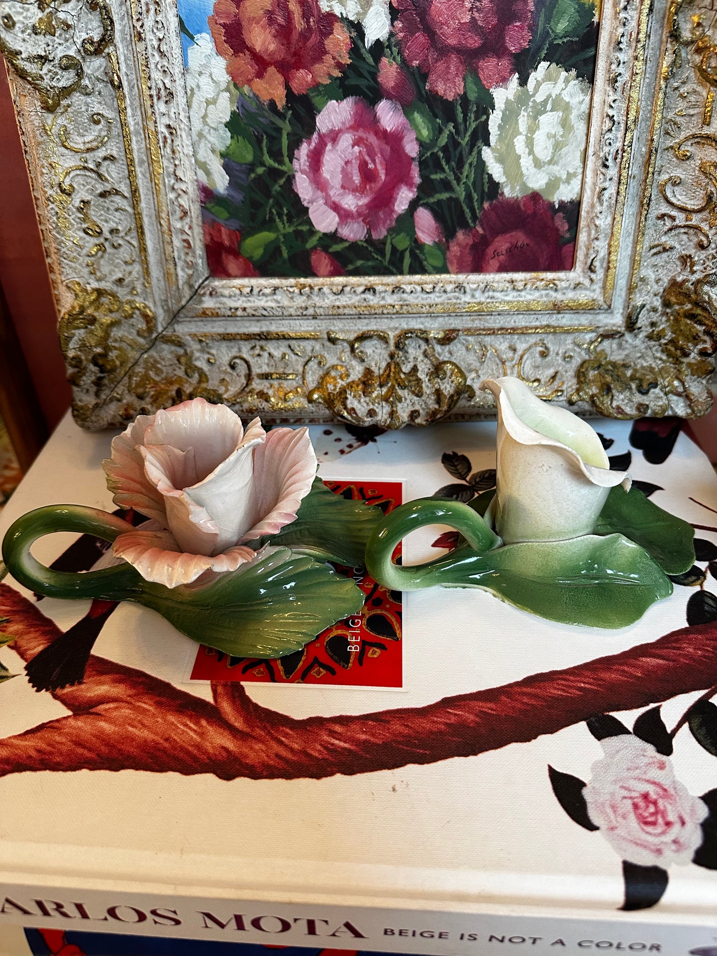 Vintage Set of two (2) porcelain flower candlestick holders