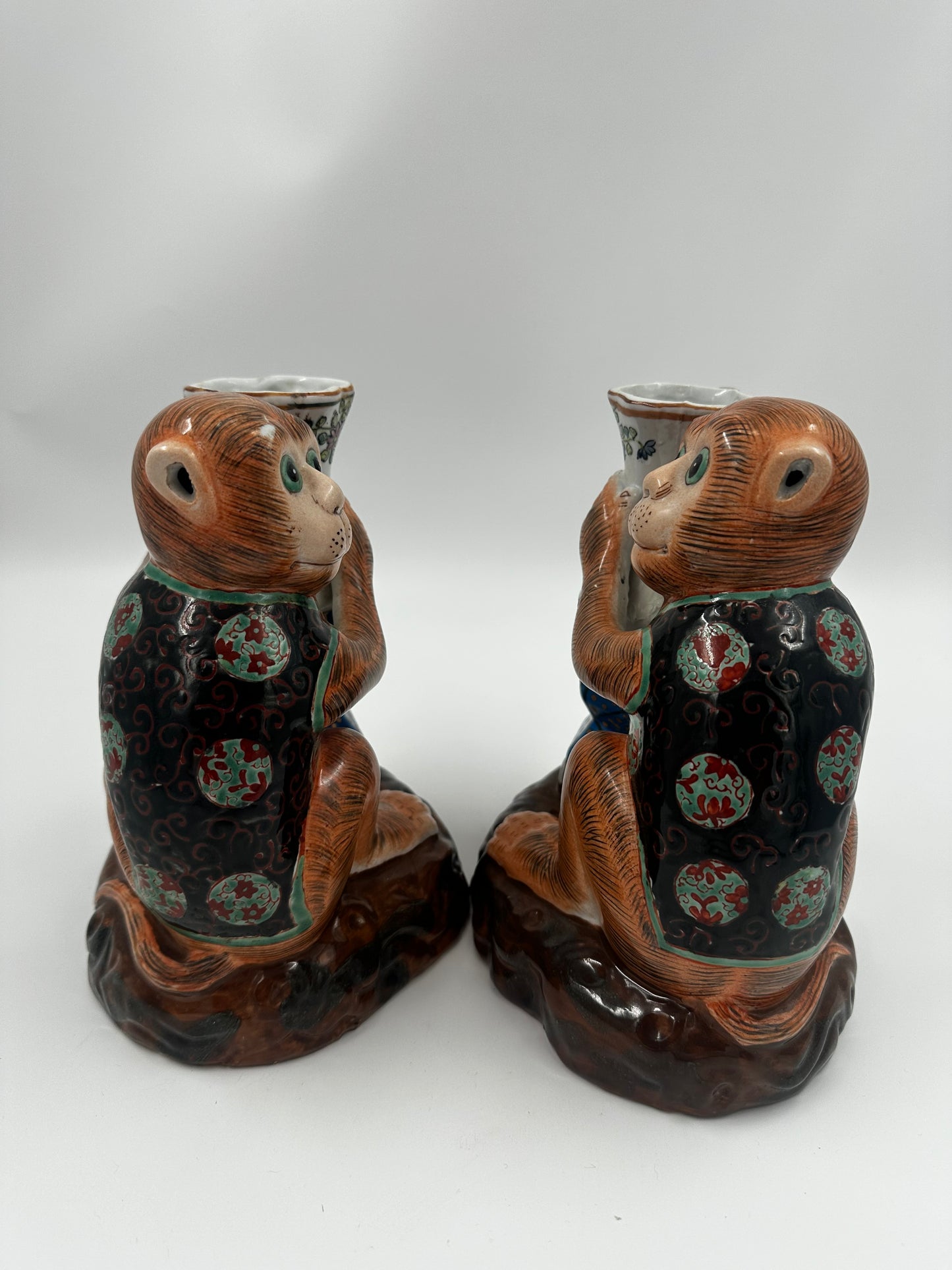 Pair Vintage Tobacco Leaf Monkey Vases