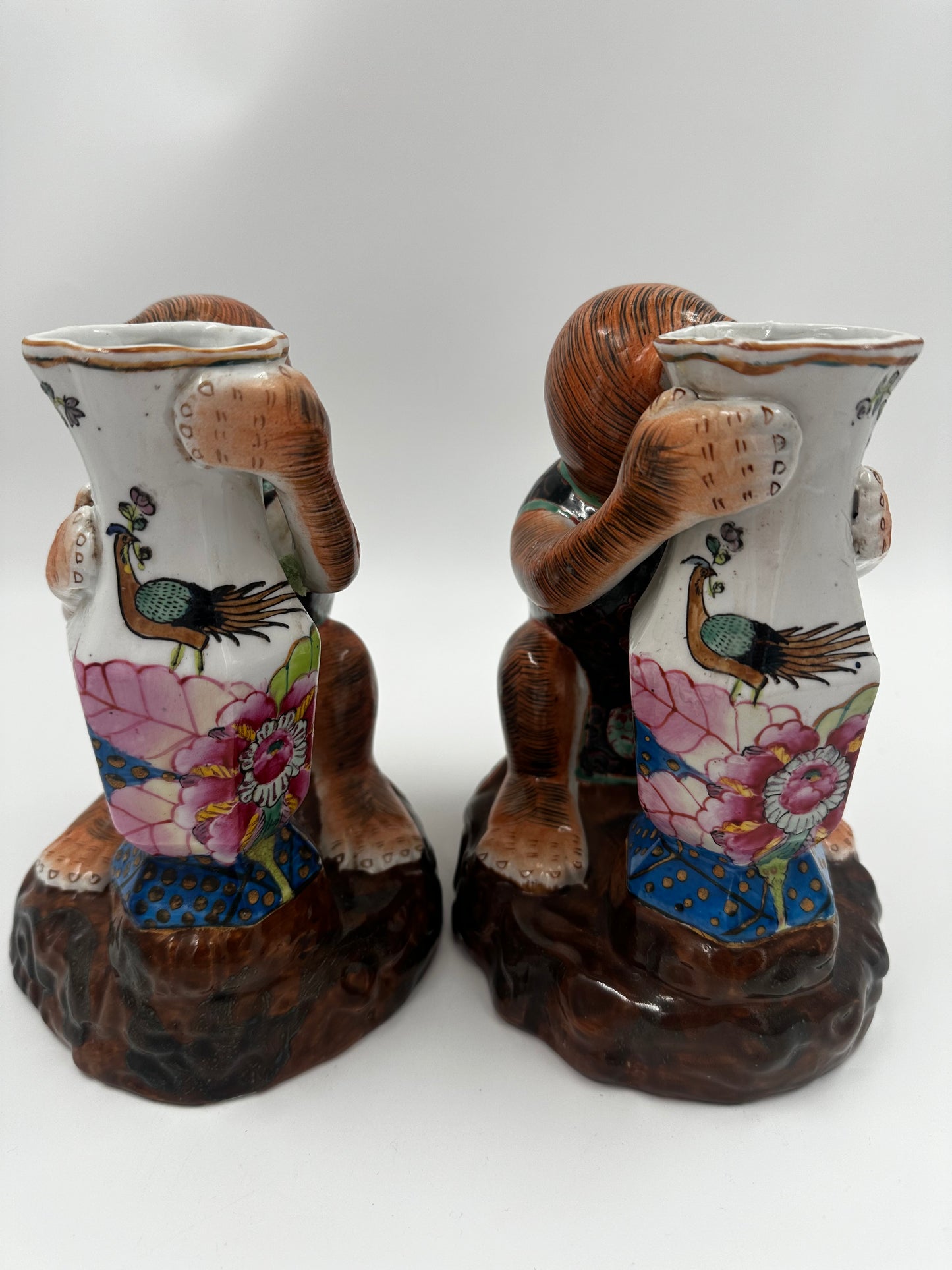 Pair Vintage Tobacco Leaf Monkey Vases