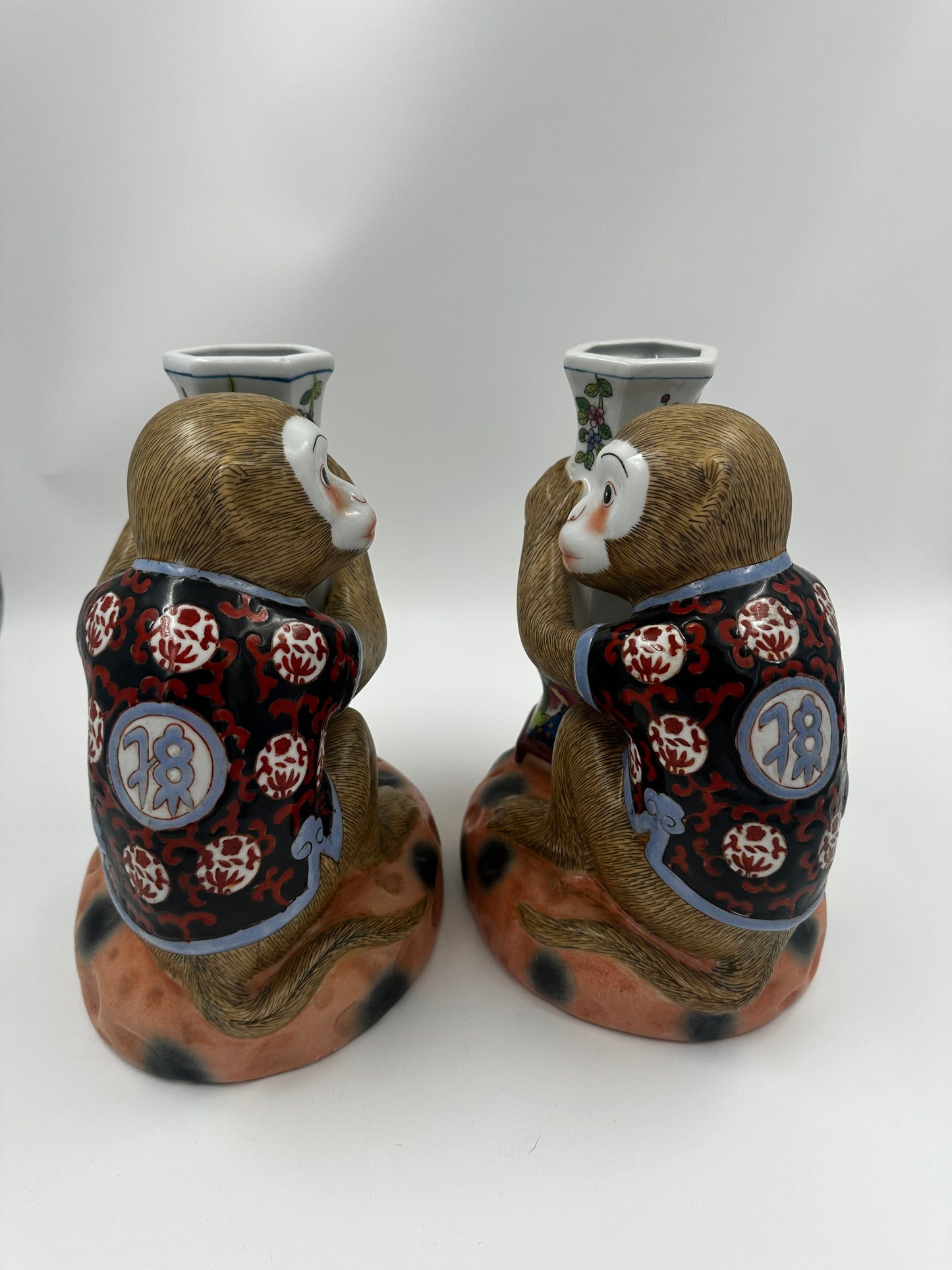 Pair: Vintage Tobacco Leaf Monkey Vases