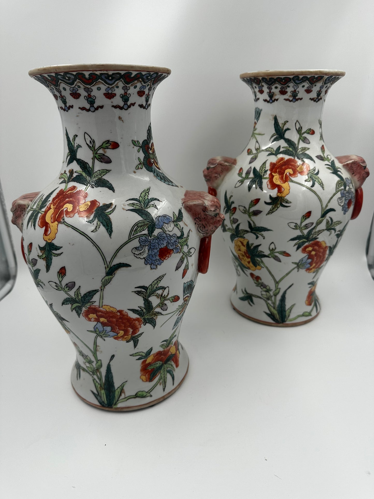 Large Pair of Chinoiserie Vases with Foo Dog Handles