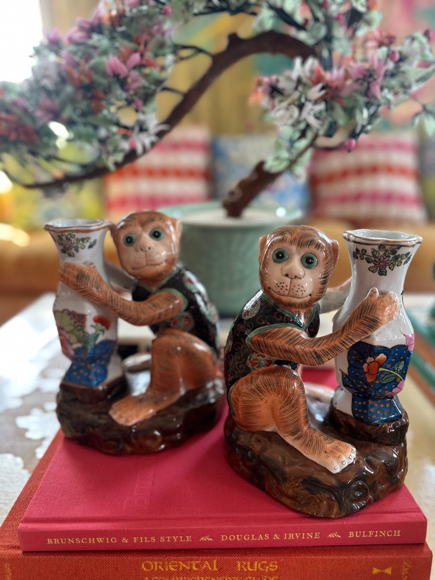 Pair Vintage Tobacco Leaf Monkey Vases