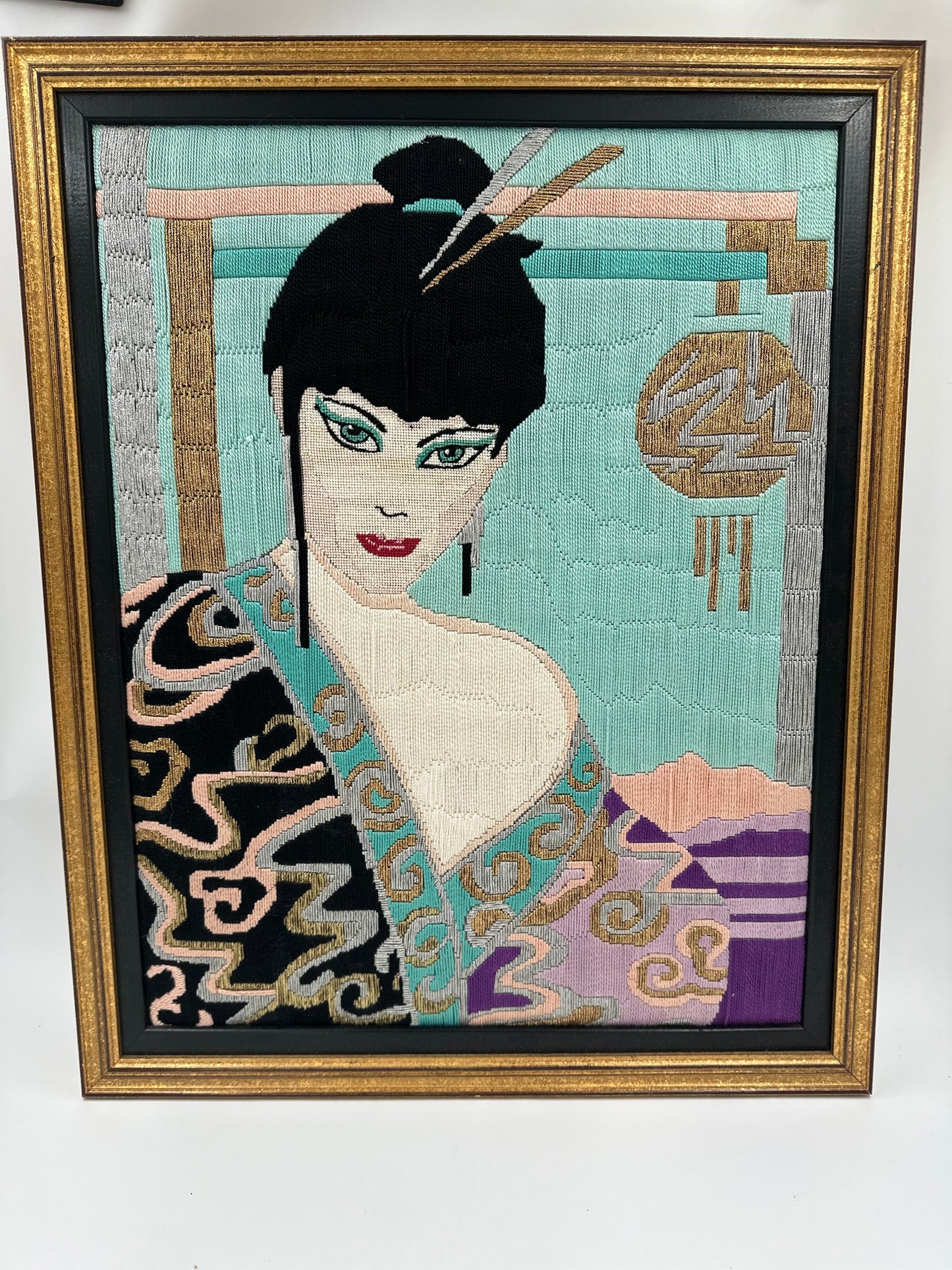 Rare: Vintage Patrick Nagel Style Woven Textile Needlepoint Geisha