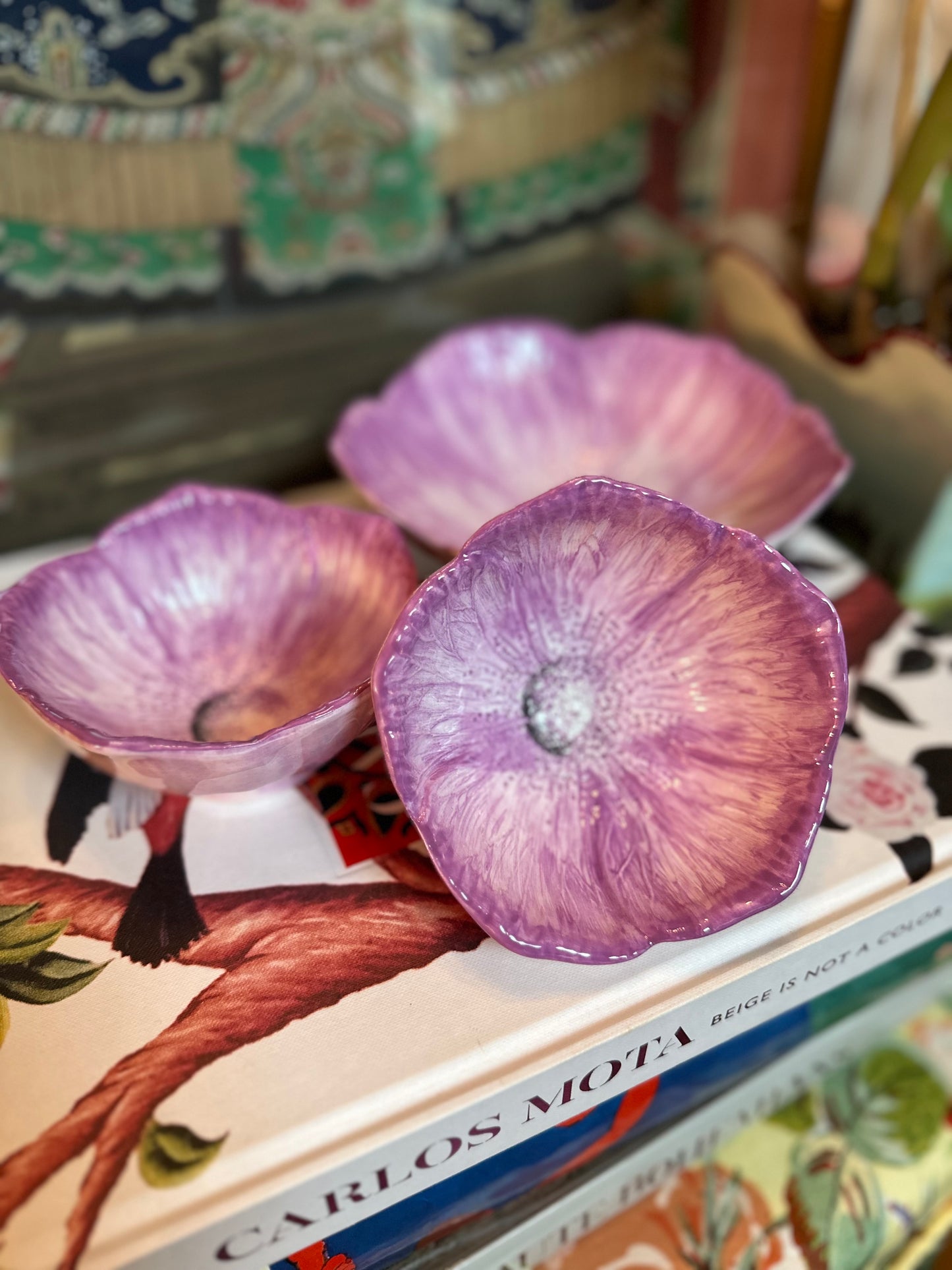 Set of three (3) Hand-painted Ceramic Italian Lavender Flower Bowls