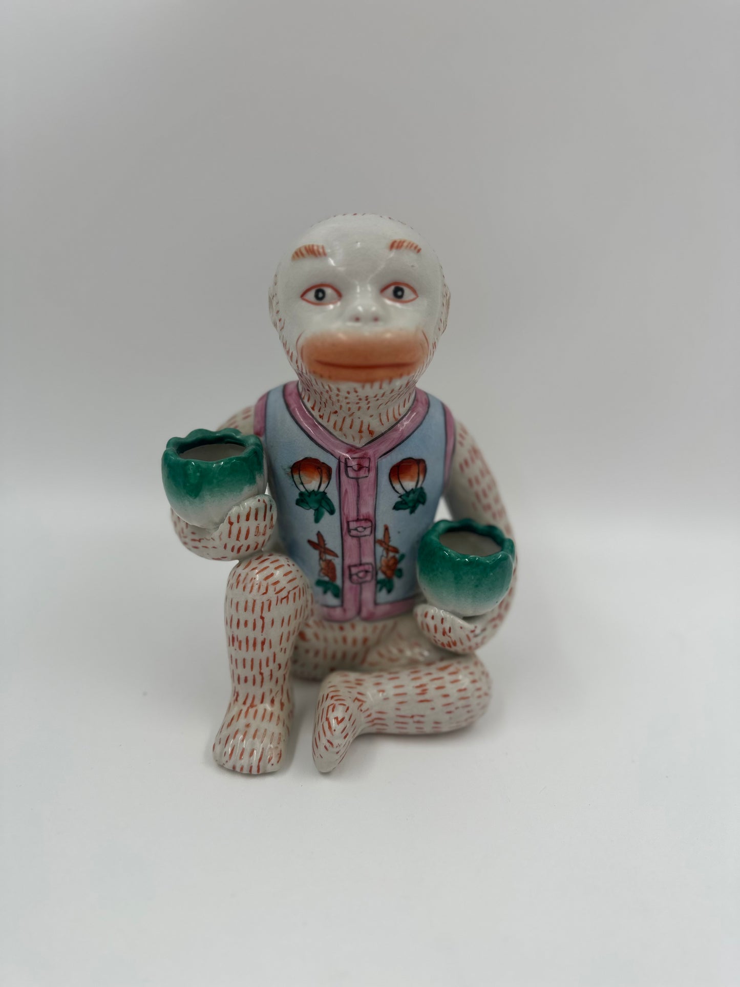 Vintage Chinoiserie Monkey Hand-painted Porcelain with Lotus Bowl