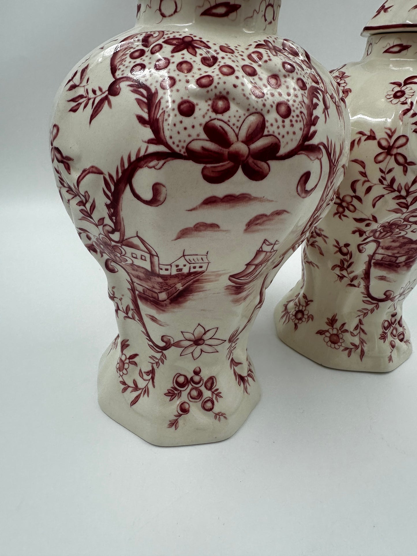 Pair of Jeanne Reed Meissen Style Ginger Jars with Puppy Finials