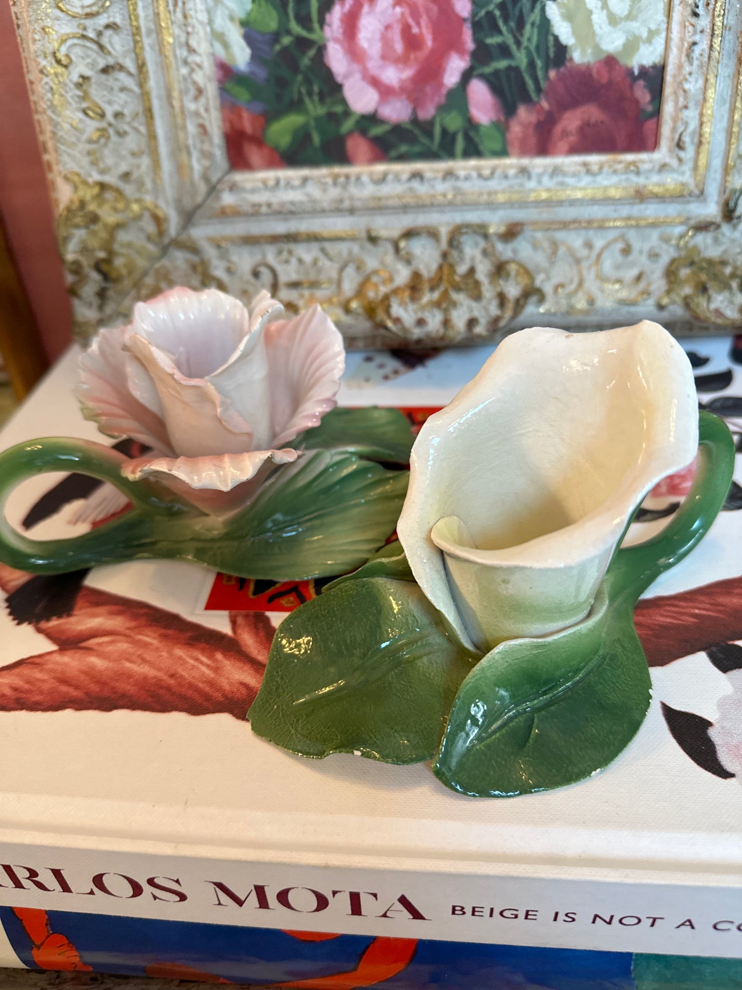 Vintage Set of two (2) porcelain flower candlestick holders