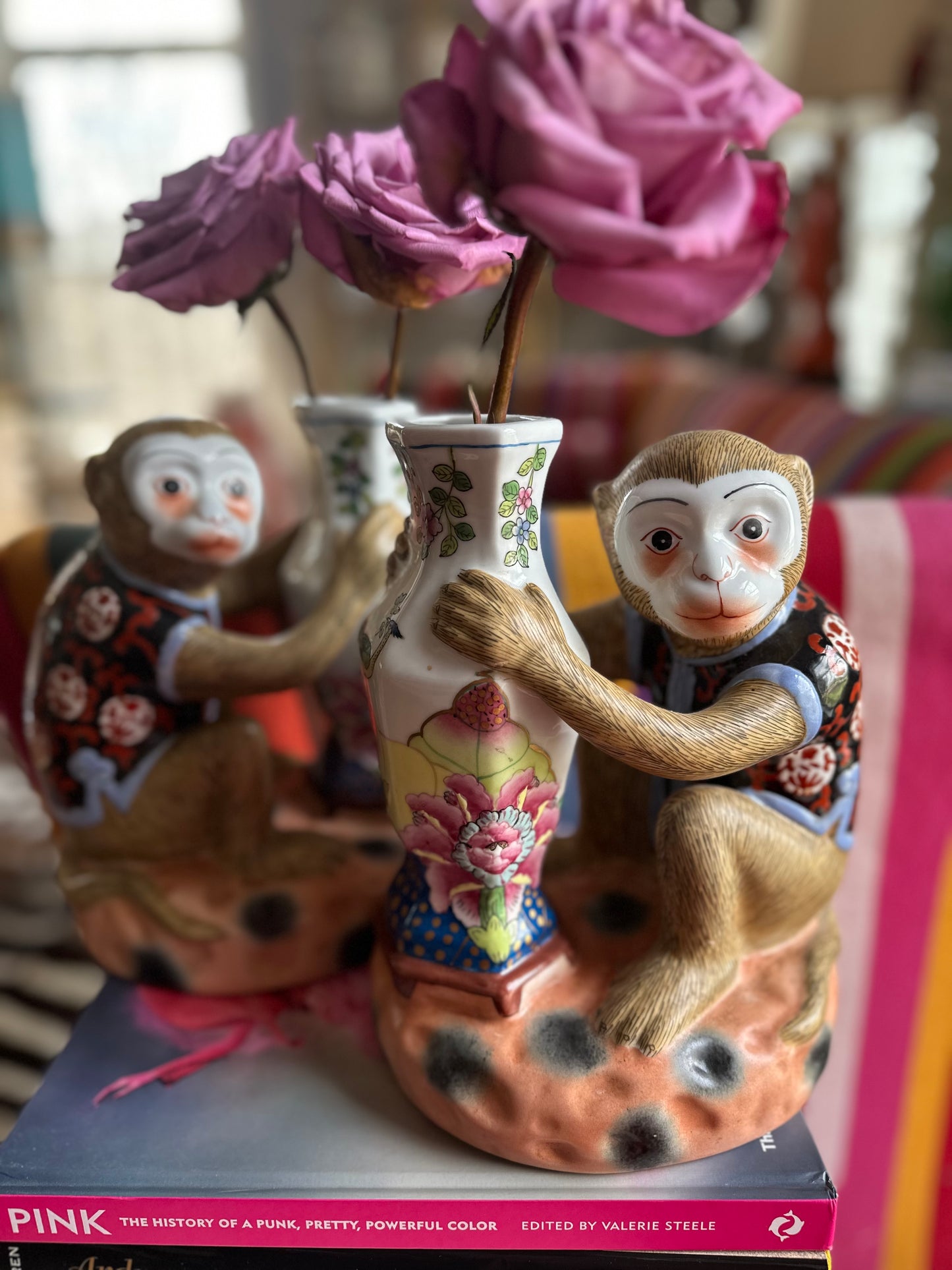 Pair: Vintage Tobacco Leaf Monkey Vases