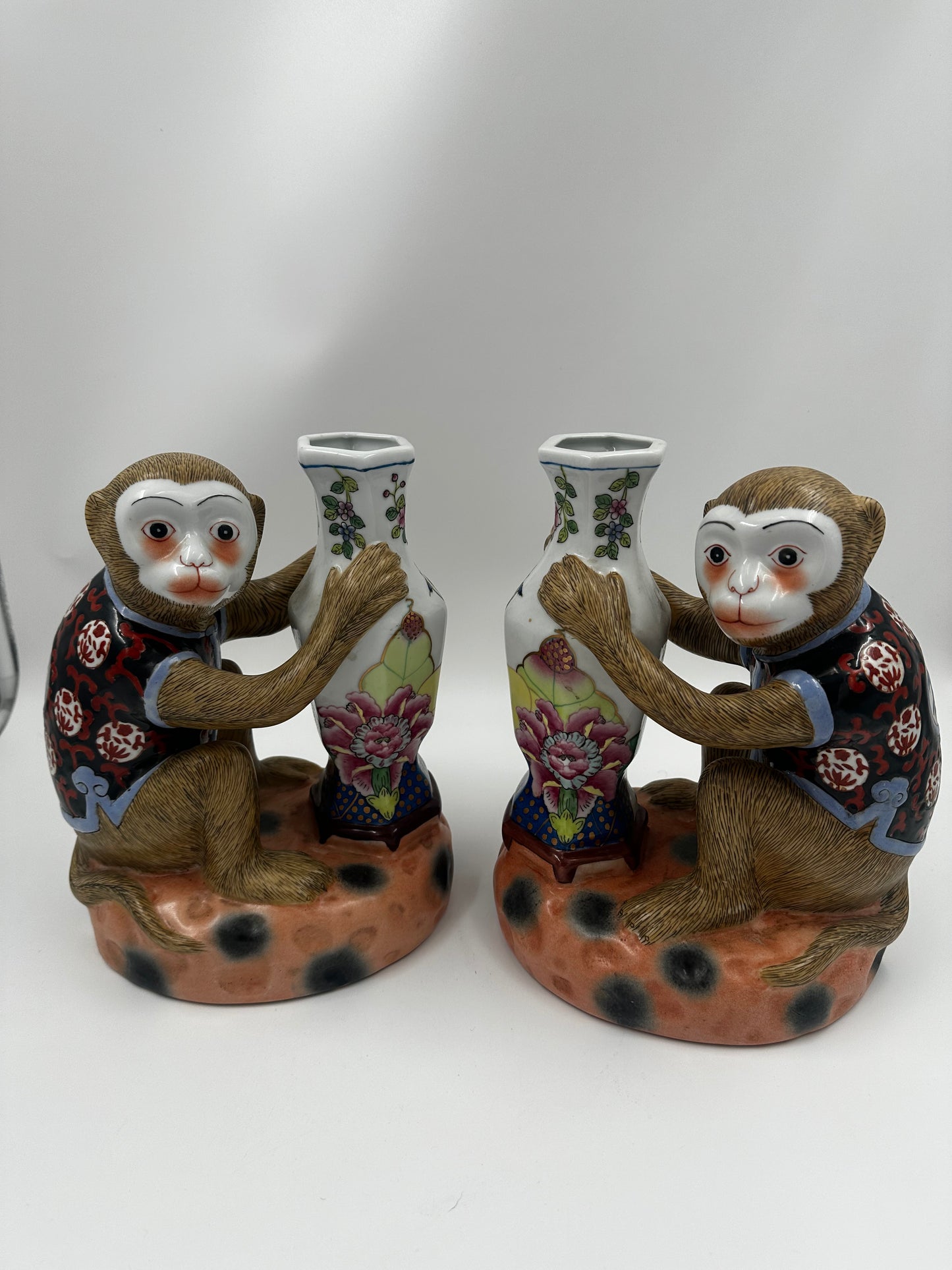 Pair: Vintage Tobacco Leaf Monkey Vases