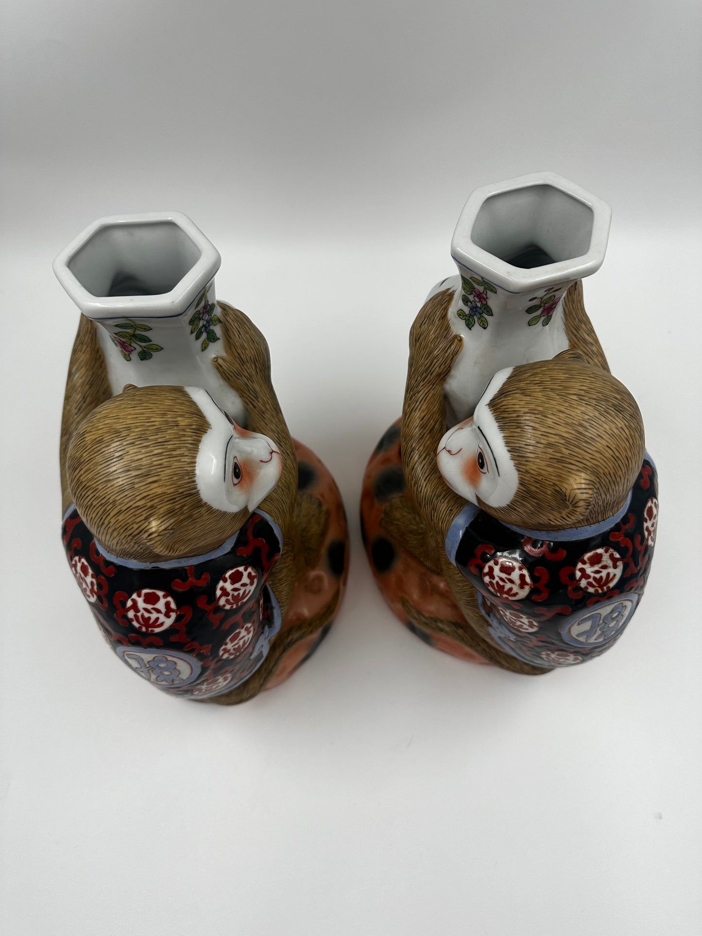 Pair: Vintage Tobacco Leaf Monkey Vases