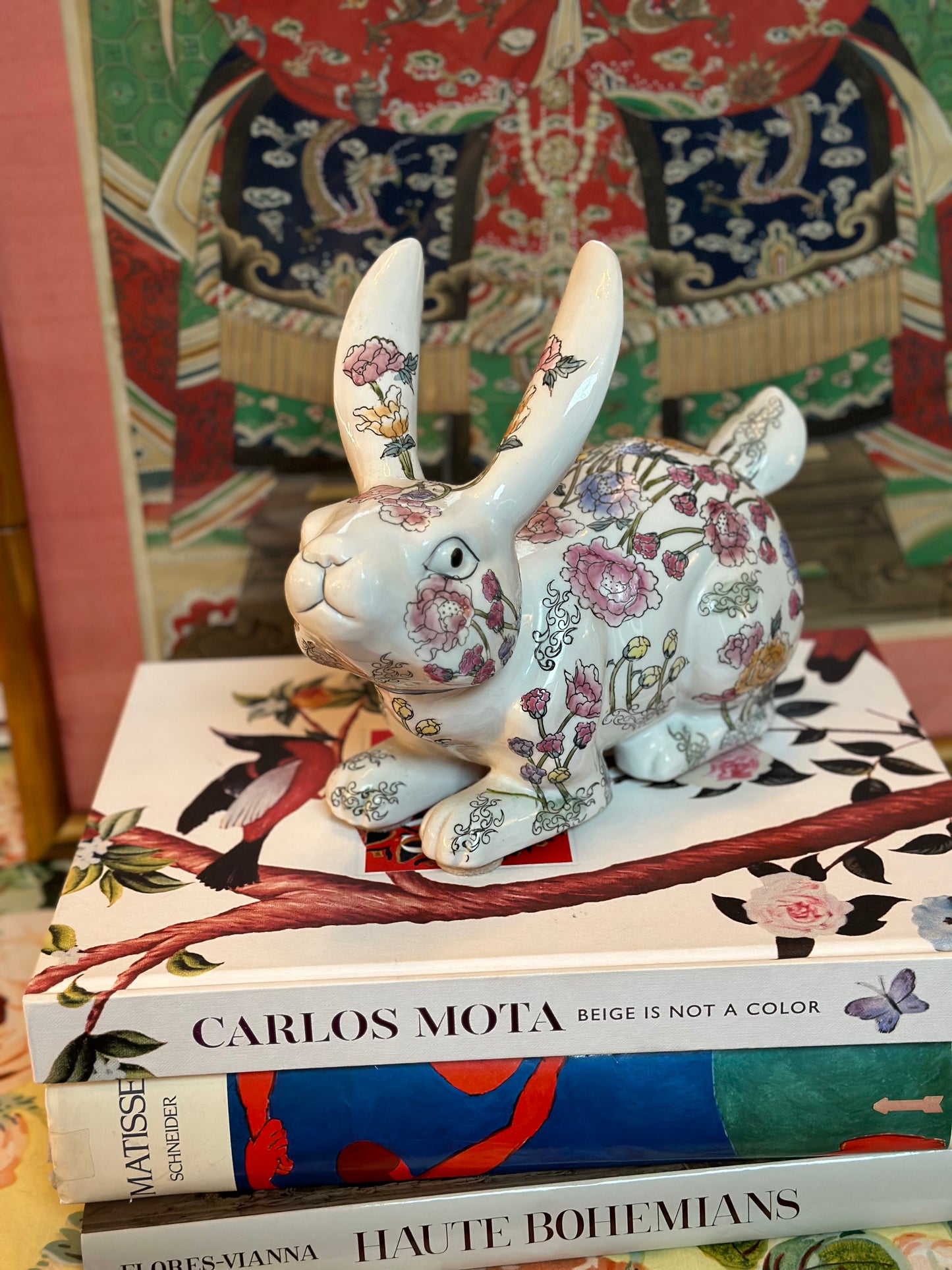 Large Ceramic Floral Chinoiserie White Rabbit