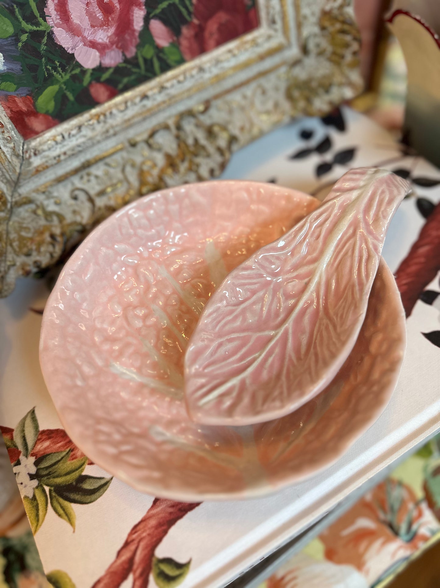 Late 20th century blush pink cabbage set:  Bowl and Spoon Rest.