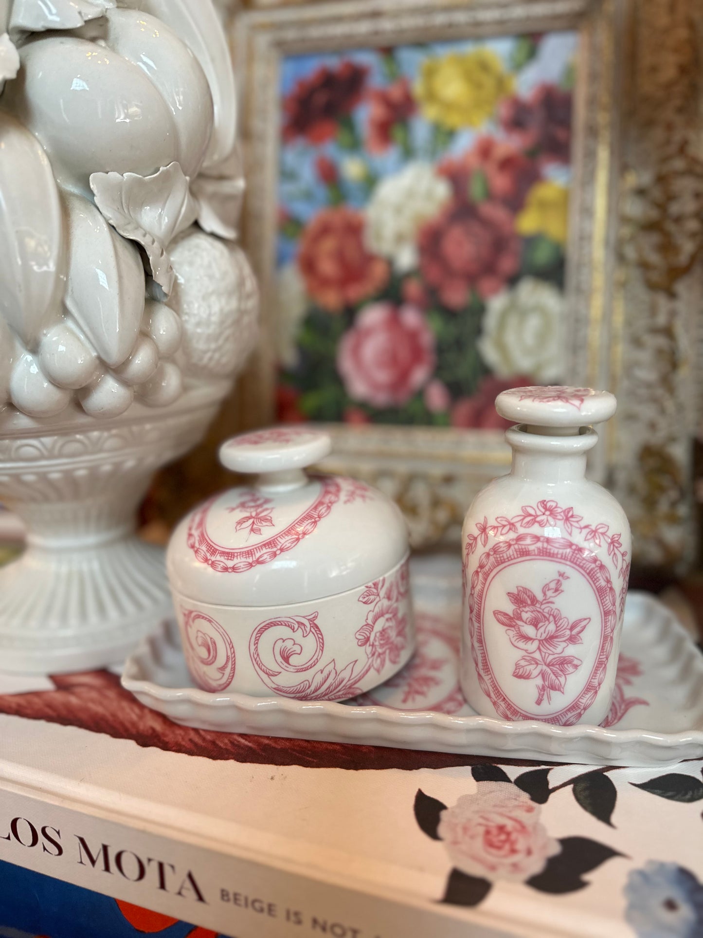 Pink floral Porcelaine de Paris Vanity Set