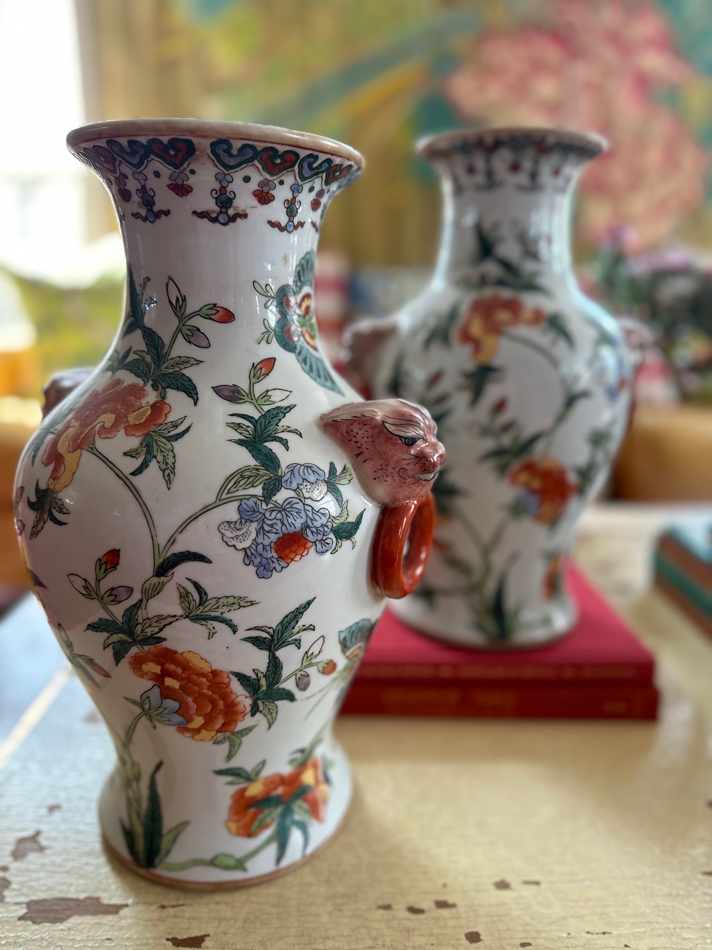 Large Pair of Chinoiserie Vases with Foo Dog Handles