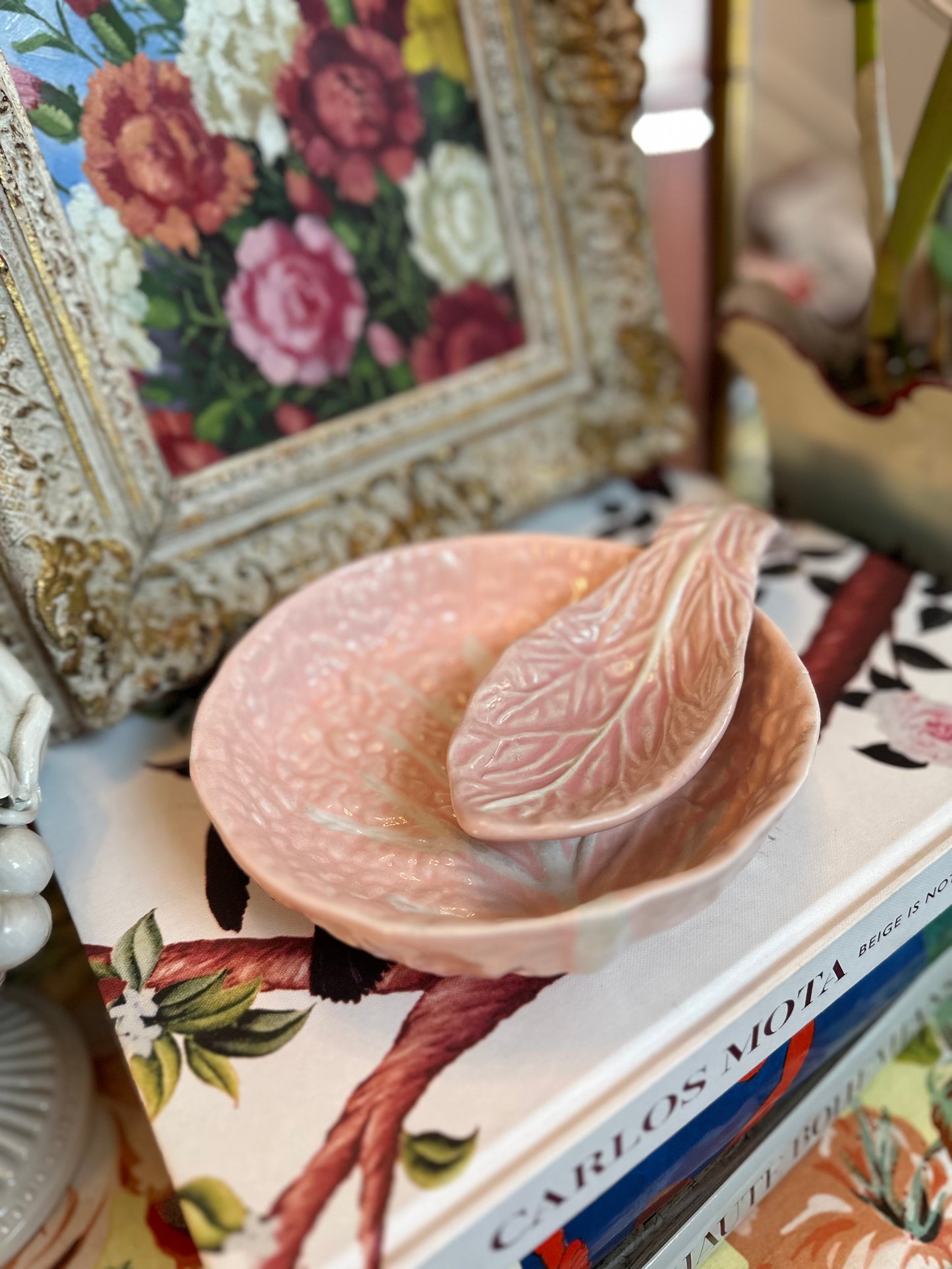 Late 20th century blush pink cabbage set:  Bowl and Spoon Rest.