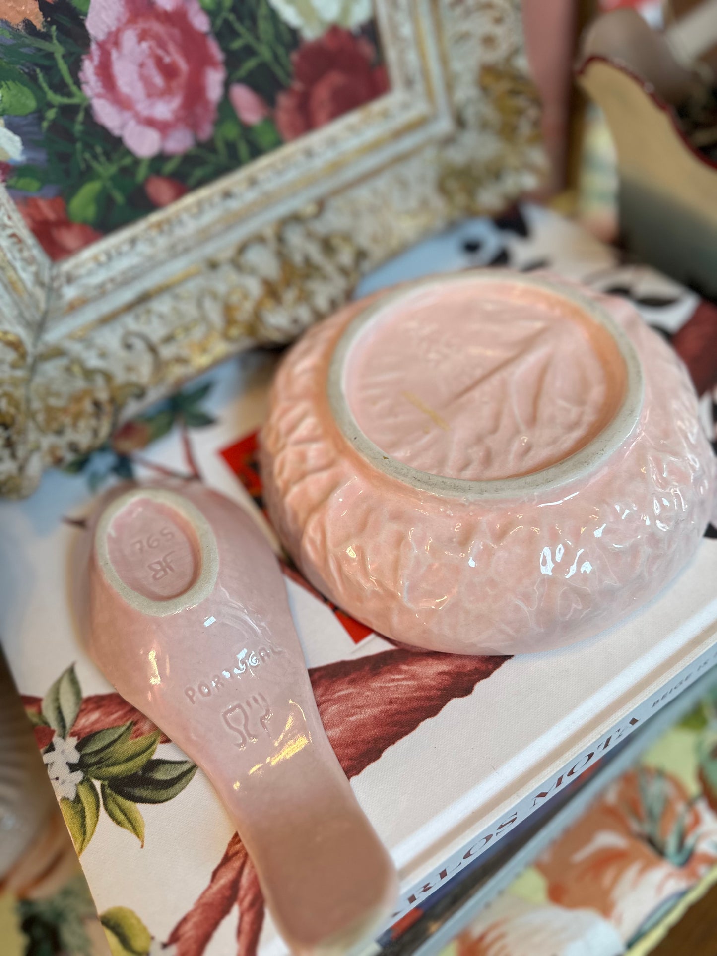 Late 20th century blush pink cabbage set:  Bowl and Spoon Rest.