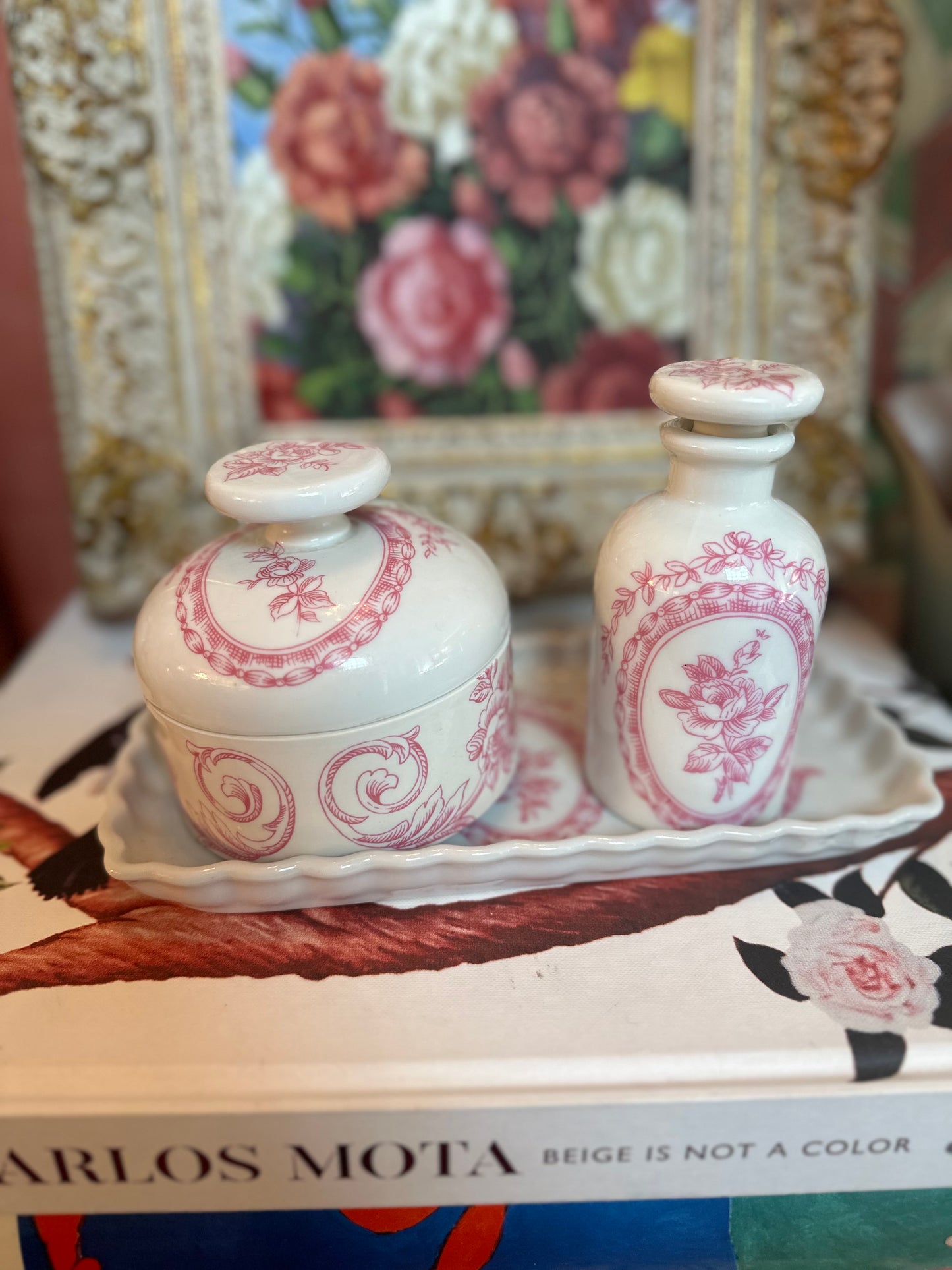 Pink floral Porcelaine de Paris Vanity Set