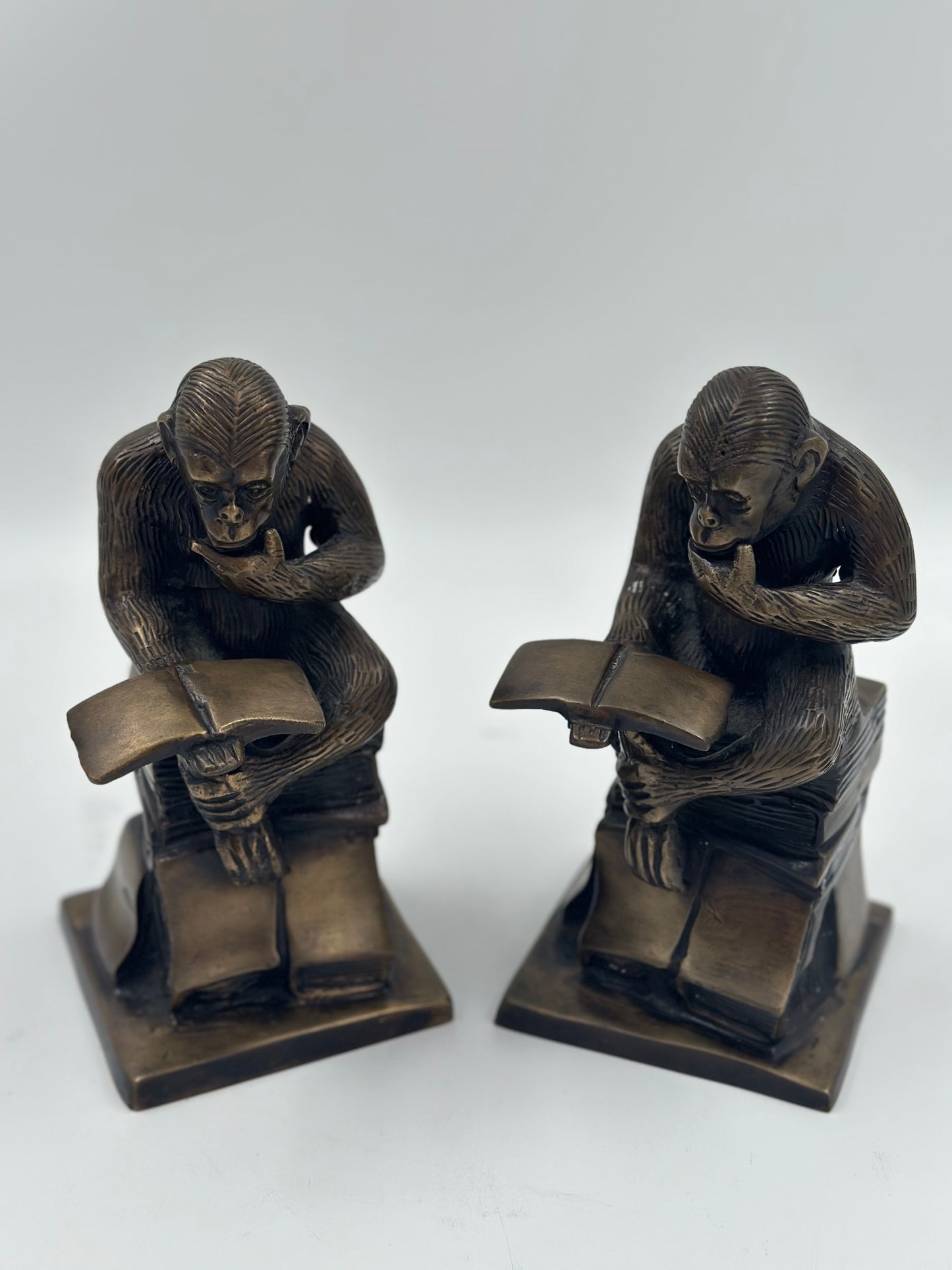 Vintage Brass Thinking Chimpanzee Bookends