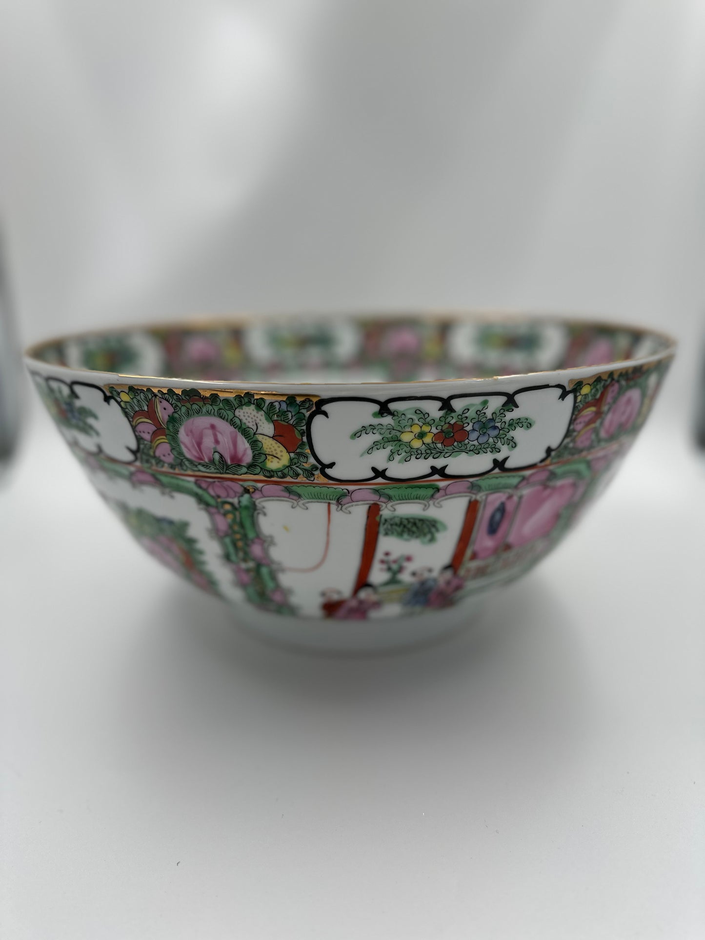 Large Vintage Rose Famille Chinoiserie Footed Punchbowl