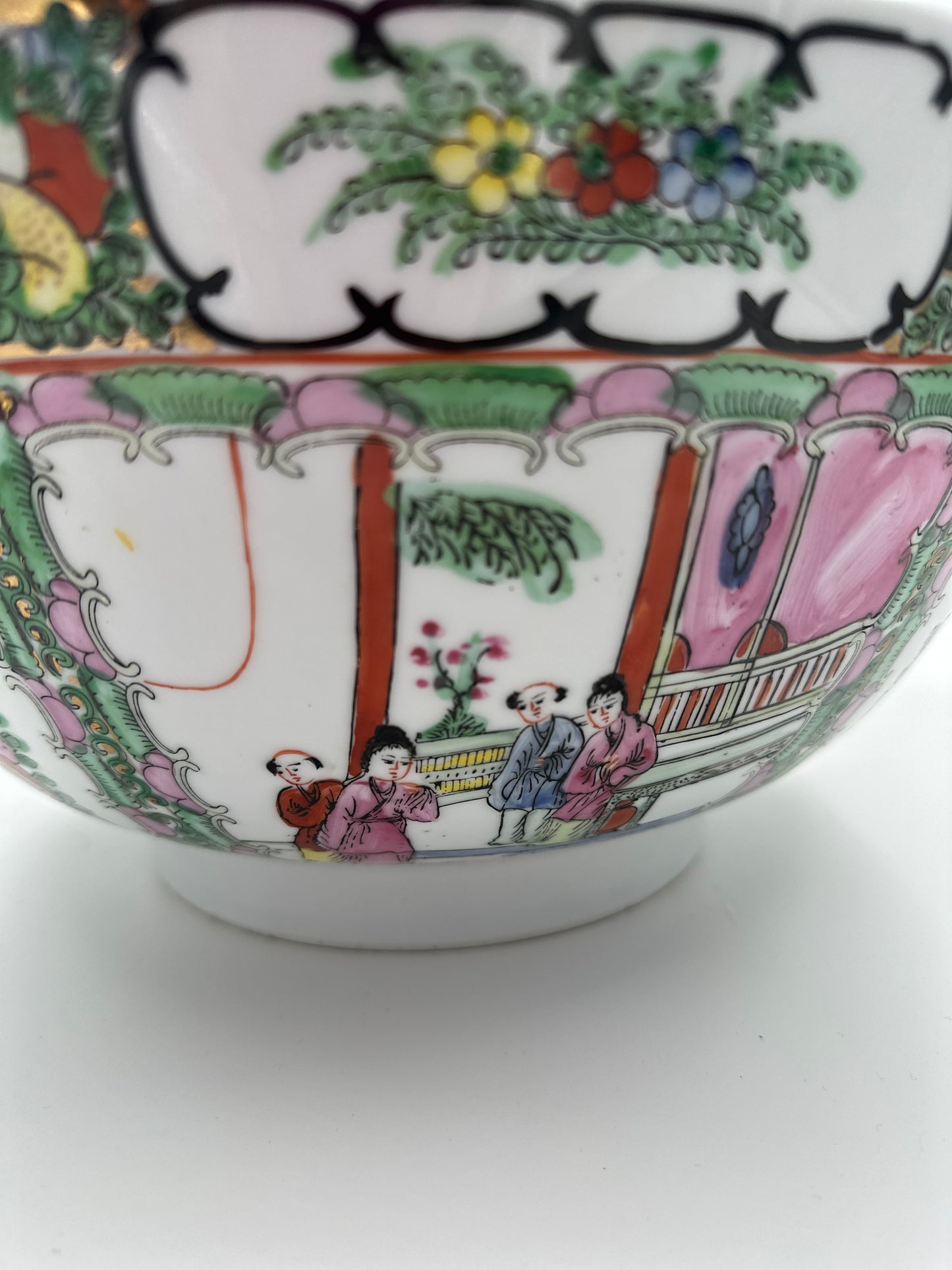 Large Vintage Rose Famille Chinoiserie Footed Punchbowl