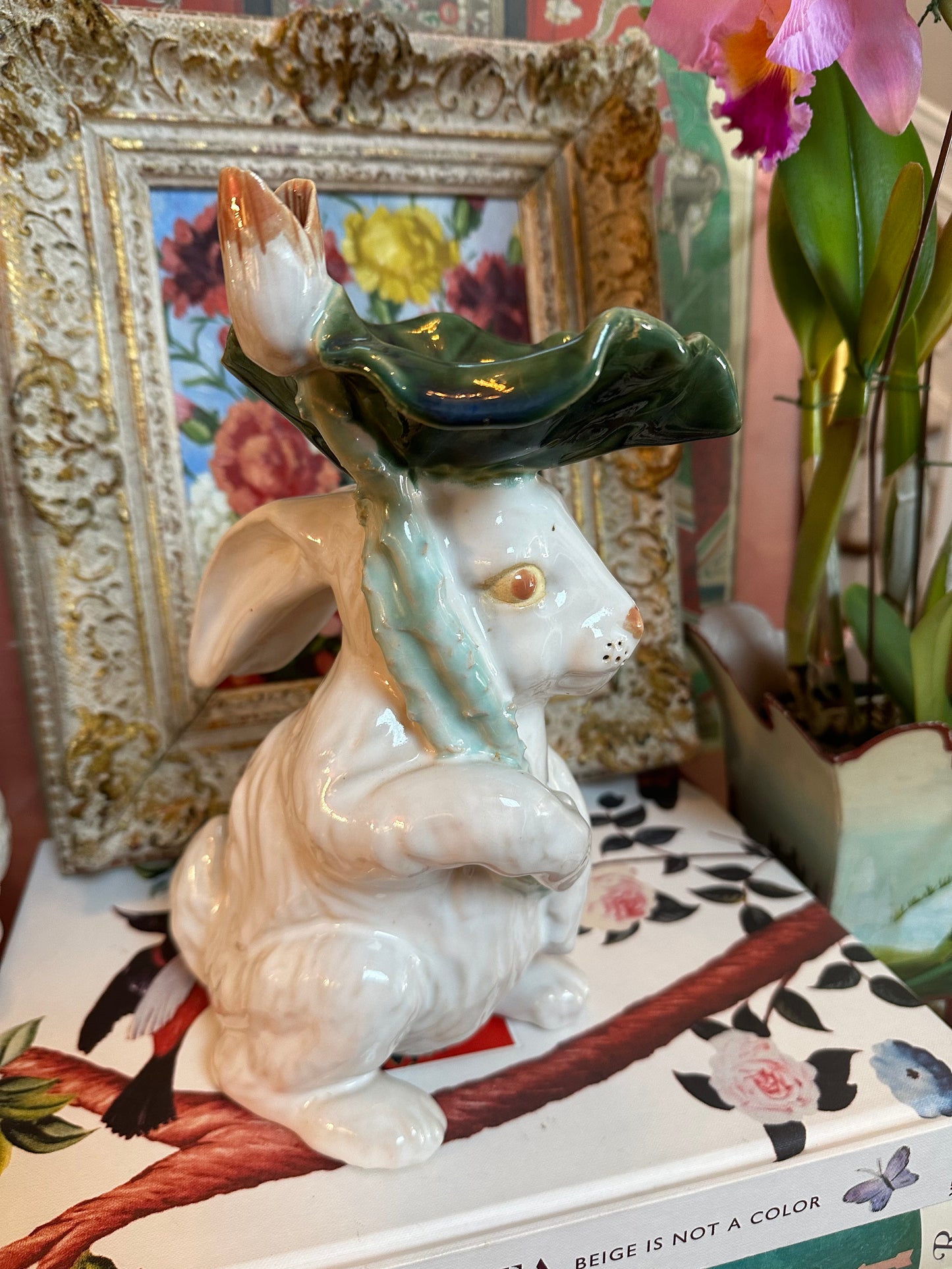 Glazed Bunny Vase with Water Lily Umbrella